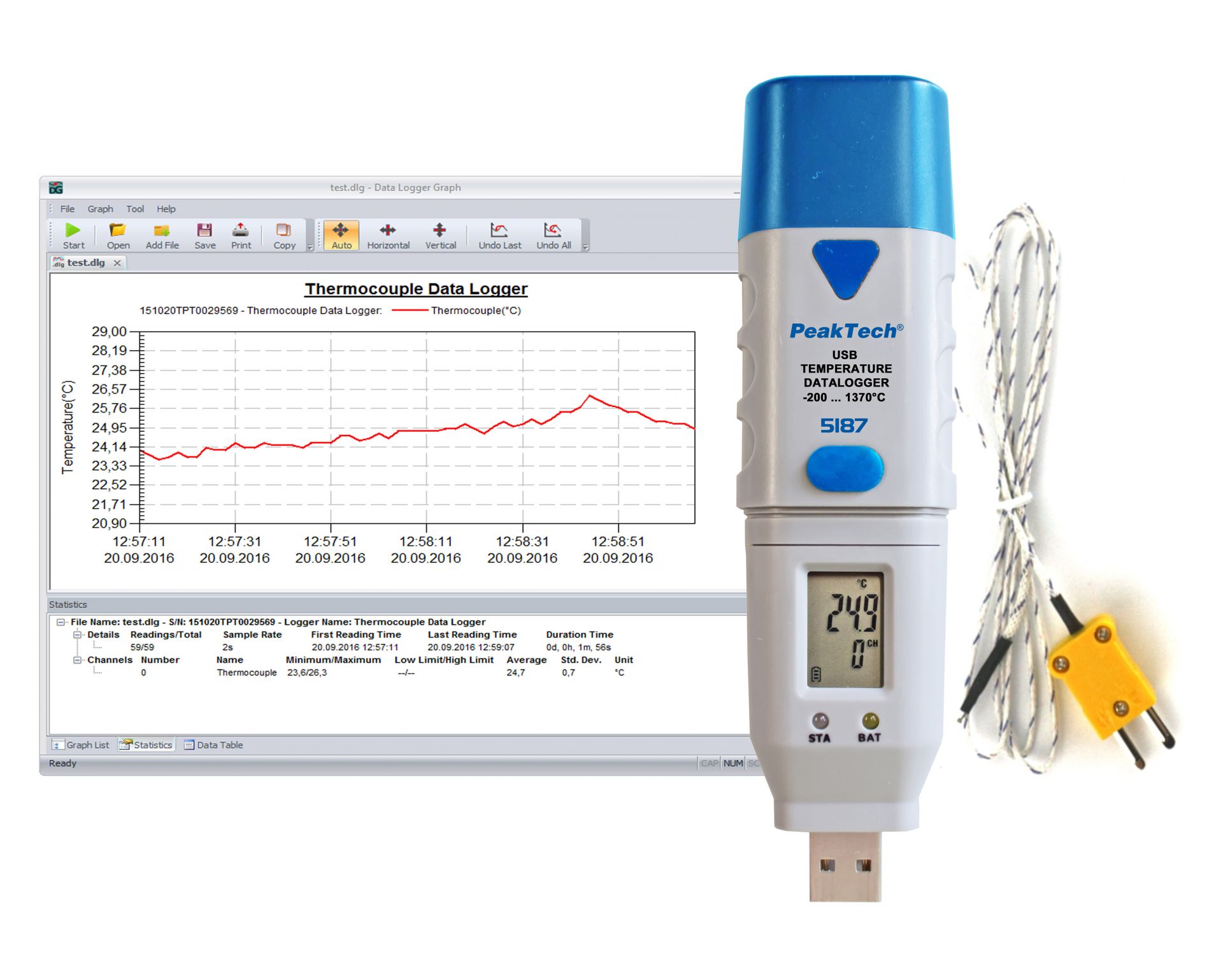 PEAKTECH USB-Datenlogger P 5187, Typ-K Temperatur, -200°C... 1300°C