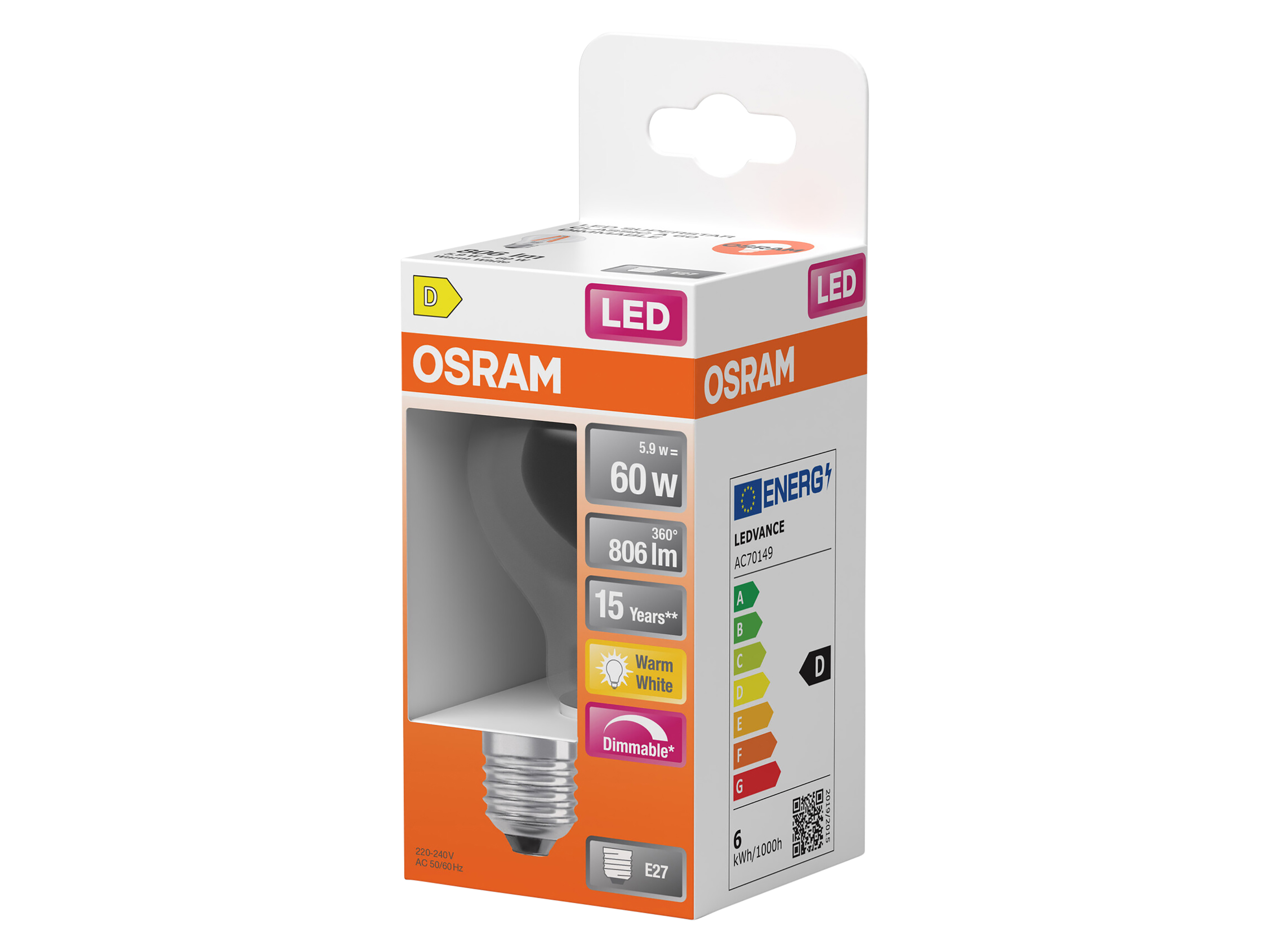OSRAM LED-Lampe, dimmbar, E27, 5,9 W, 2700 K, EEK: D, 806 lm, warmweiß OSRAM LED-Lampe, dimmbar, E27, 5,9 W, 2700 K, EEK: D, 806 lm, warmweiß