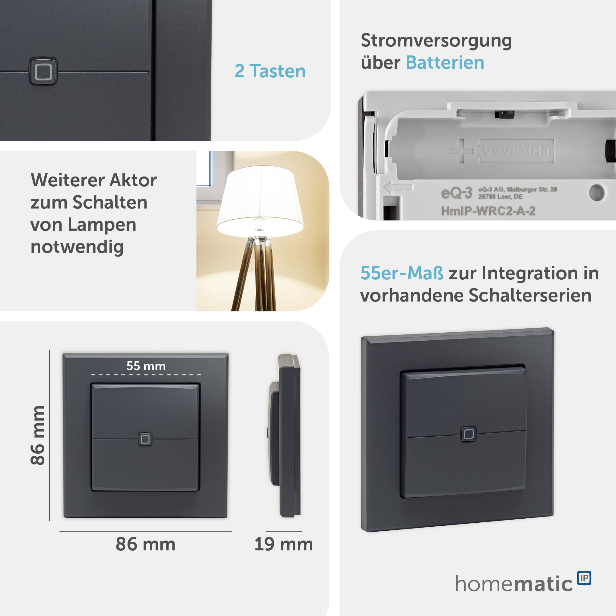 HOMEMATIC IP 161869A0 Wandtaster 2-fach anthrazit
