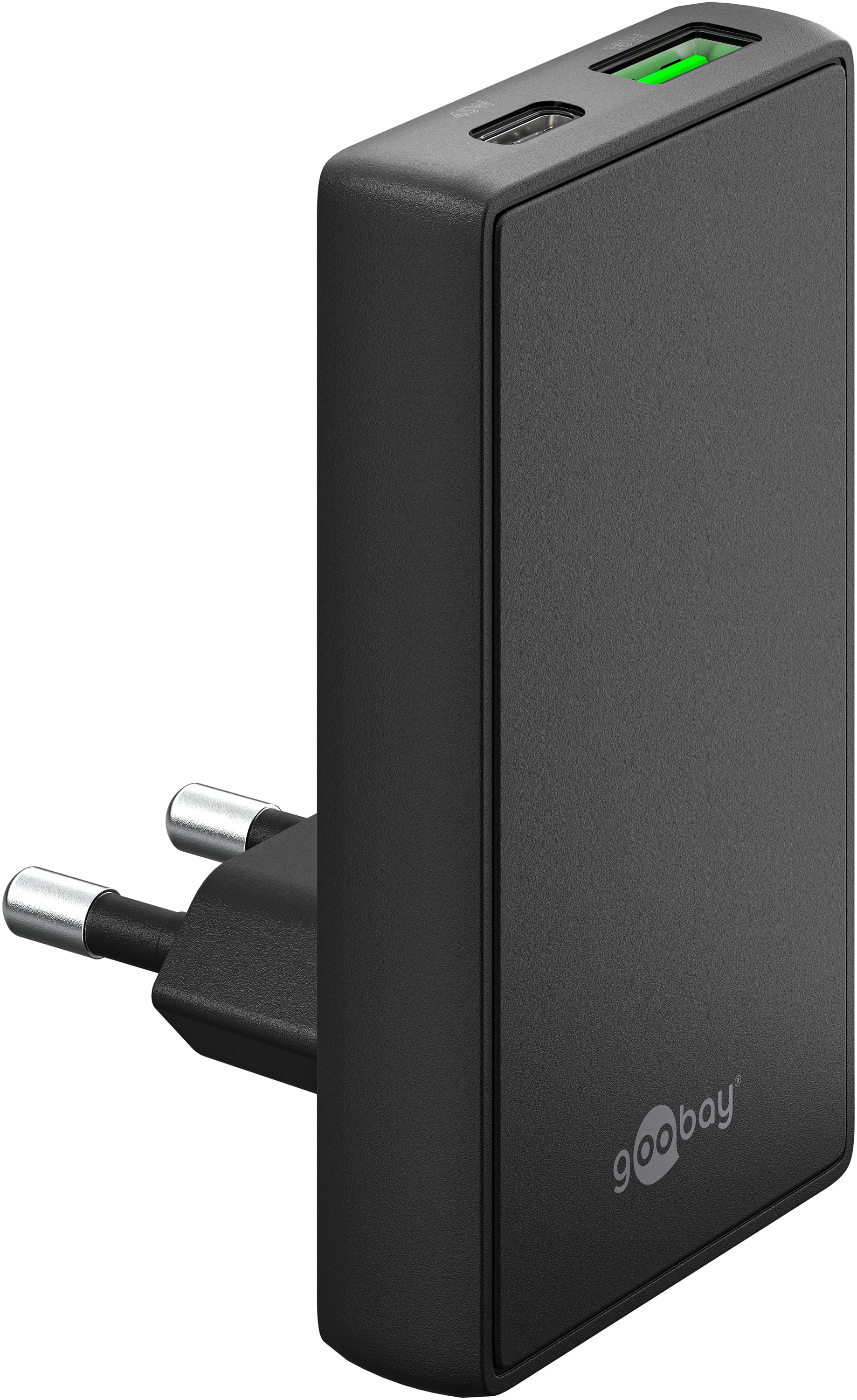 GOOBAY Dual-Schnellladegerät, 45W, 1x USB-C, 1x USB-A, 90° abgewickelt, flach, schwarz GOOBAY Dual-Schnellladegerät, 45W, 1x USB-C, 1x USB-A, 90° abgewickelt, flach, schwarz