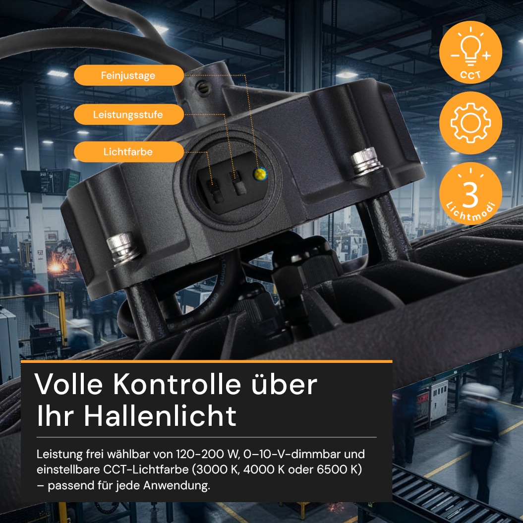 ENOVALITE LED-HighBay-Leuchte, UFO, 120...200 W, CCT, EEK: C, 19200...32000 lm, dimmbar, schwarz ENOVALITE LED-HighBay-Leuchte, UFO, 120...200 W, CCT, EEK: C, 19200...32000 lm, dimmbar, schwarz