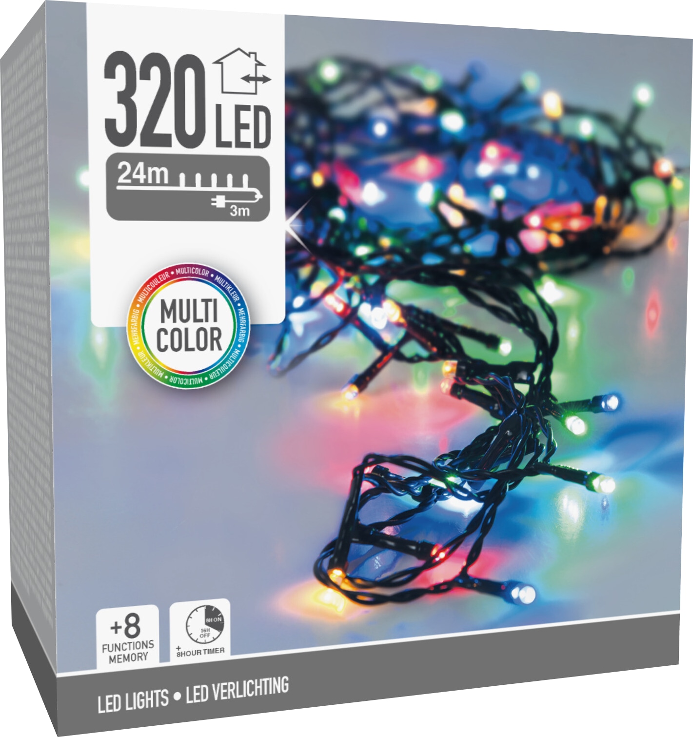LED-Lichterkette bunt, 320 LEDs, Grünes Kabel, Innen/Außen, 27m, 8 Funk. KOOPMAN LED-Lichterkette bunt, 320 LEDs, Grünes Kabel, Innen/Außen, 27m, 8 Funk.