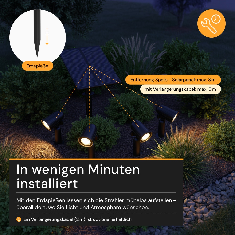 LUXULA Solar LED-Gartenleuchten Set, 5W, 3000K, 200lm, warmweiß, IP54, schwarz, 4 Stück LUXULA Solar LED-Gartenleuchten Set, 5W, 3000K, 200lm, warmweiß, IP54, schwarz, 4 Stück