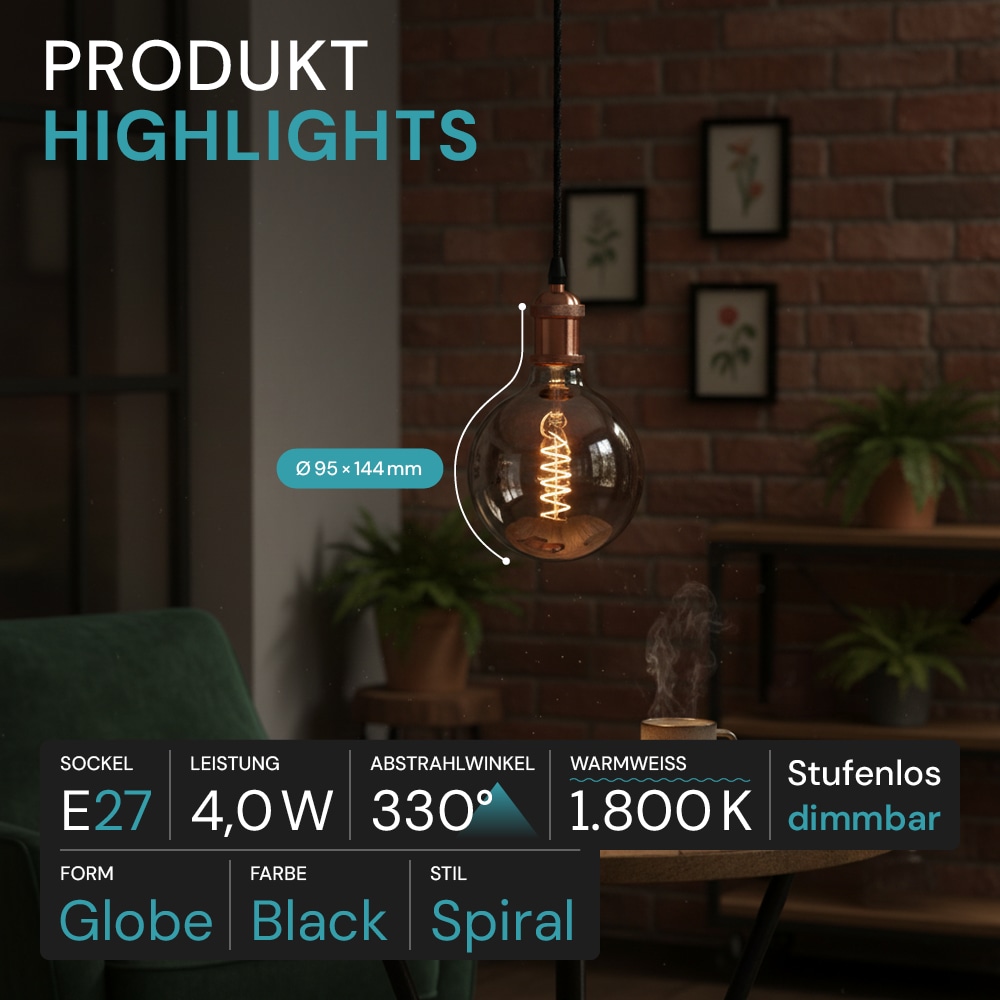 LUXULA LED-Filament-Lampe, SPIRAL, Globe, E27, 4W, 40lm, 1800K, dimmbar LUXULA LED-Filament-Lampe, SPIRAL, Globe, E27, 4W, 40lm, 1800K, dimmbar