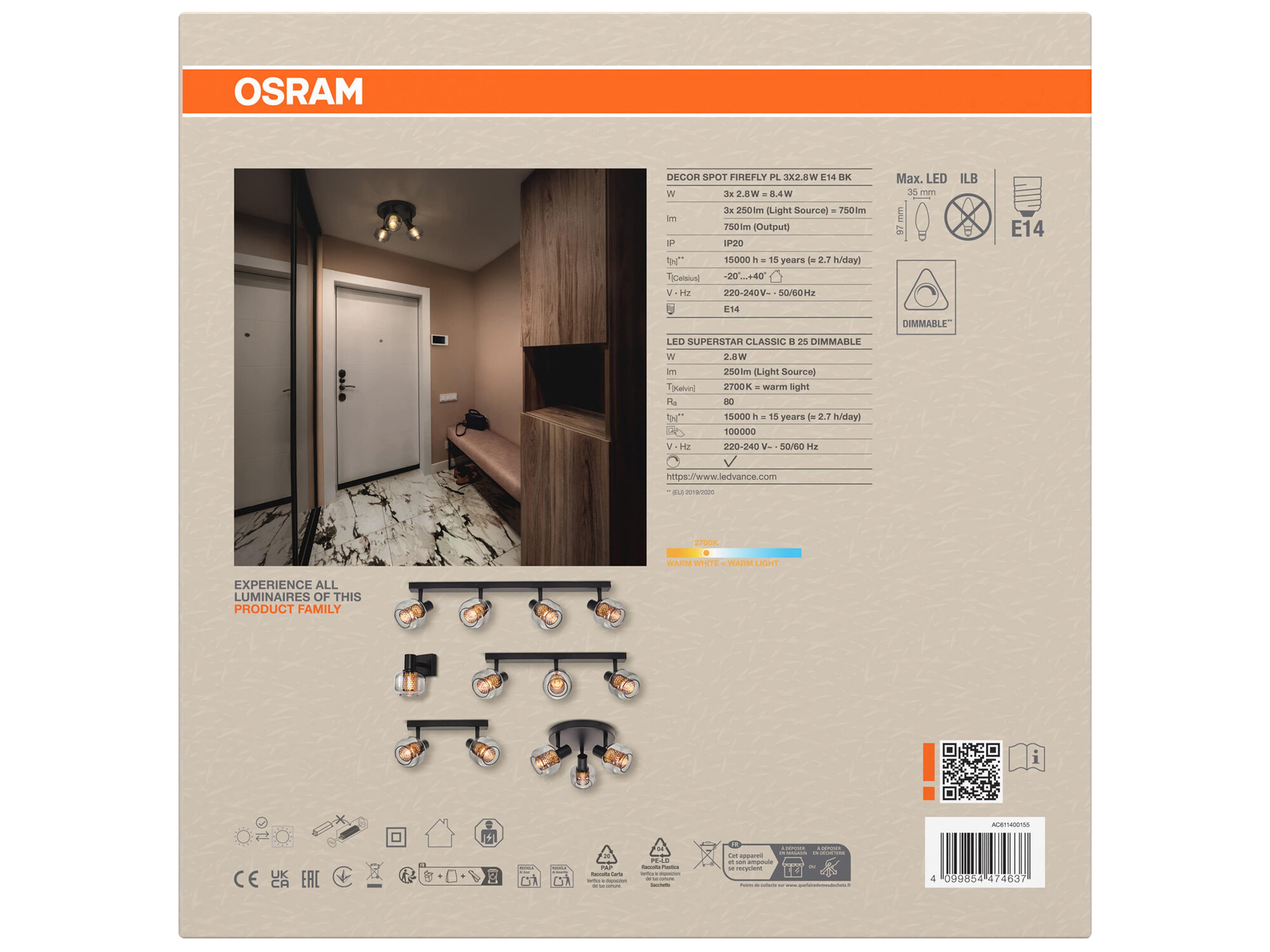 OSRAM Deckenanbau-Leuchte, E14, 8,4 W, 2700 K, 750 lm, IP 20, goldenes Wabengitter, dimmbar OSRAM Deckenanbau-Leuchte, E14, 8,4 W, 2700 K, 750 lm, IP20, goldenes Wabengitter, dimmbar
