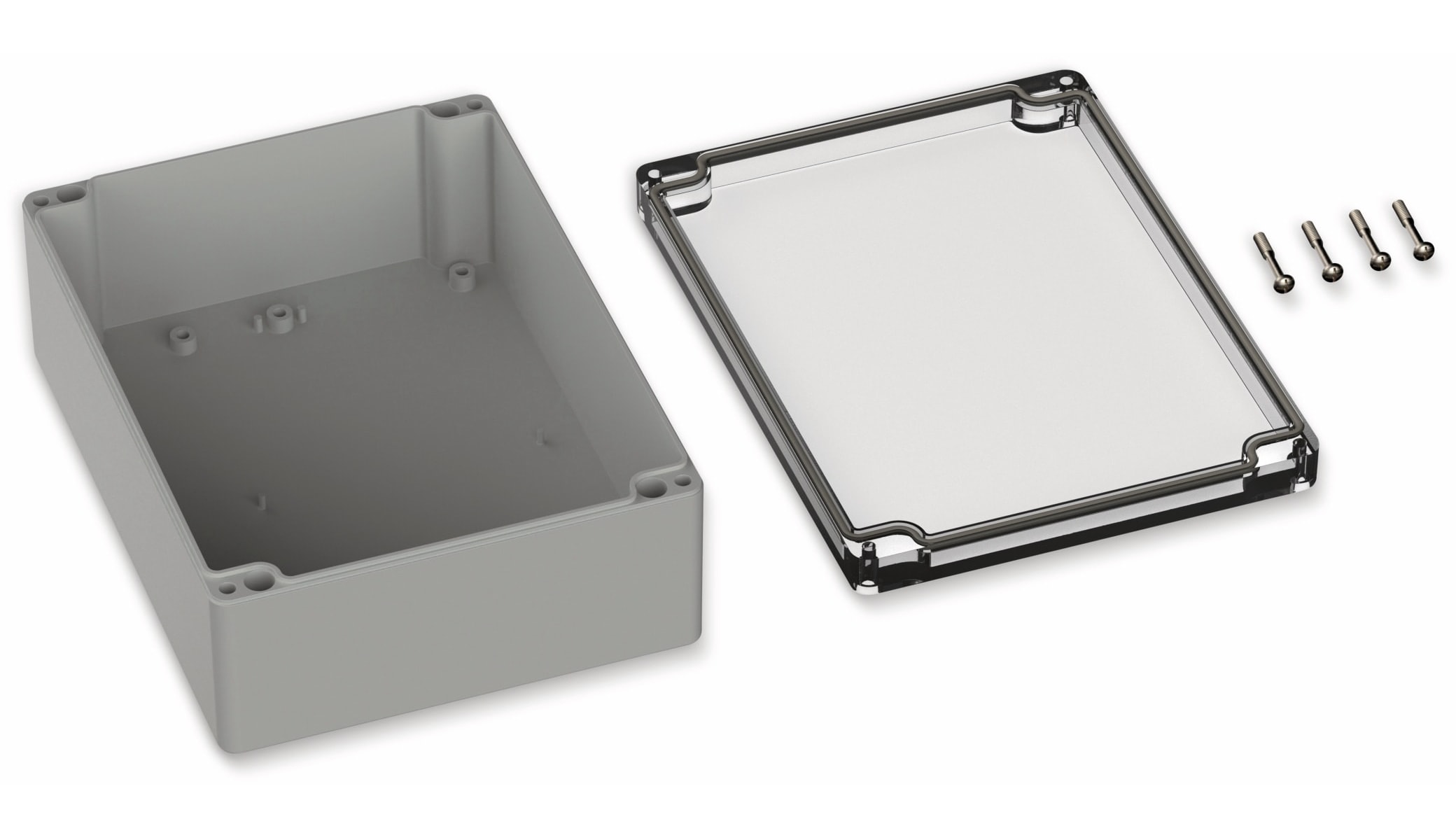 POLLIN, Polycarbonat Gehäuse, 200 x 150 x 75 mm, IP65, Lichtgrau, Glasklarer Deckel POLLIN, Polycarbonat Gehäuse, 200 x 150 x 75 mm, IP65, Lichtgrau, Glasklarer Deckel