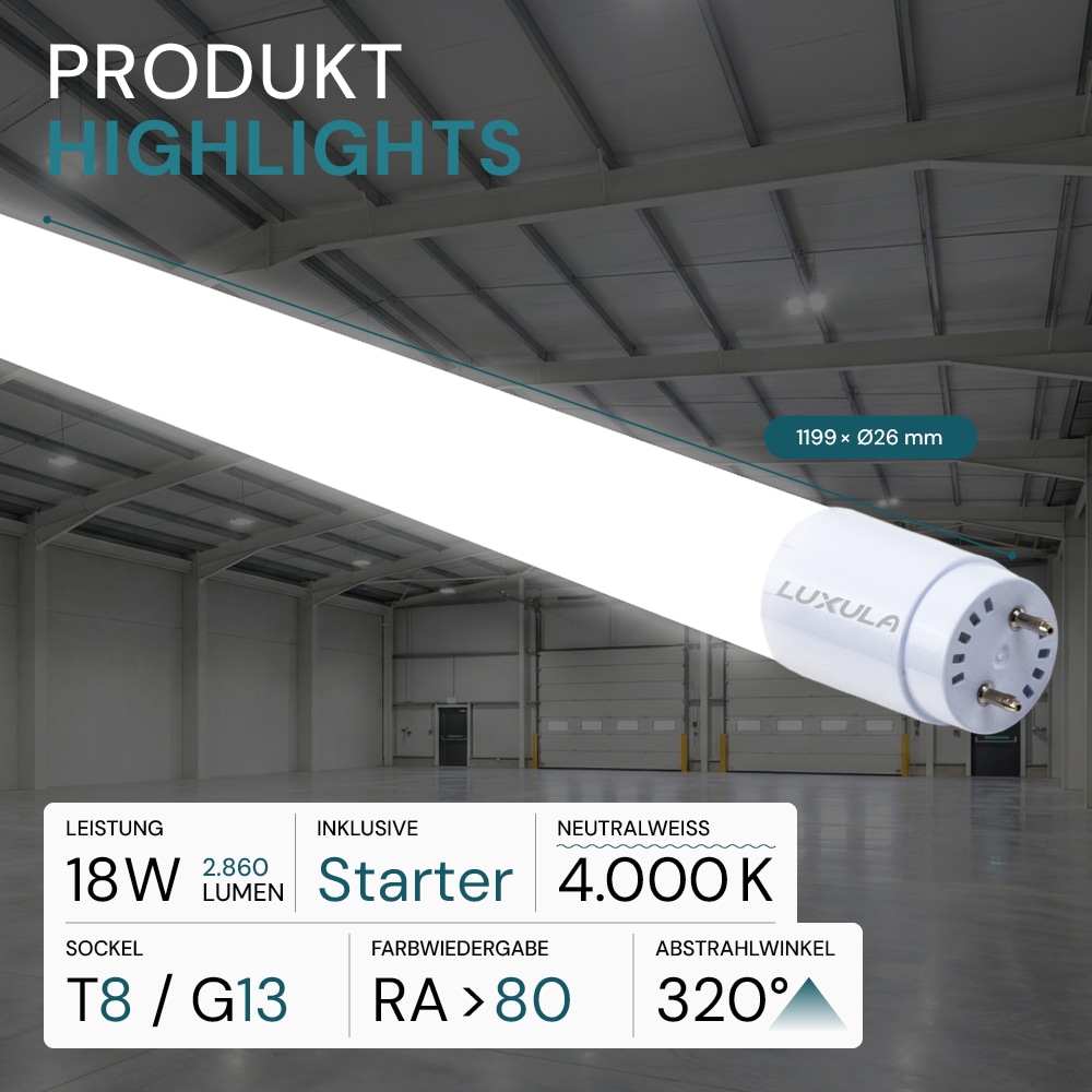 LUXULA LED-Röhre 2880lm LX100860, T8, 4000K, 160lm/W, 18W, mit Brücke LUXULA LED-Röhre 2880lm LX100860, T8, 4000K, 160lm/W, 18W, mit Brücke