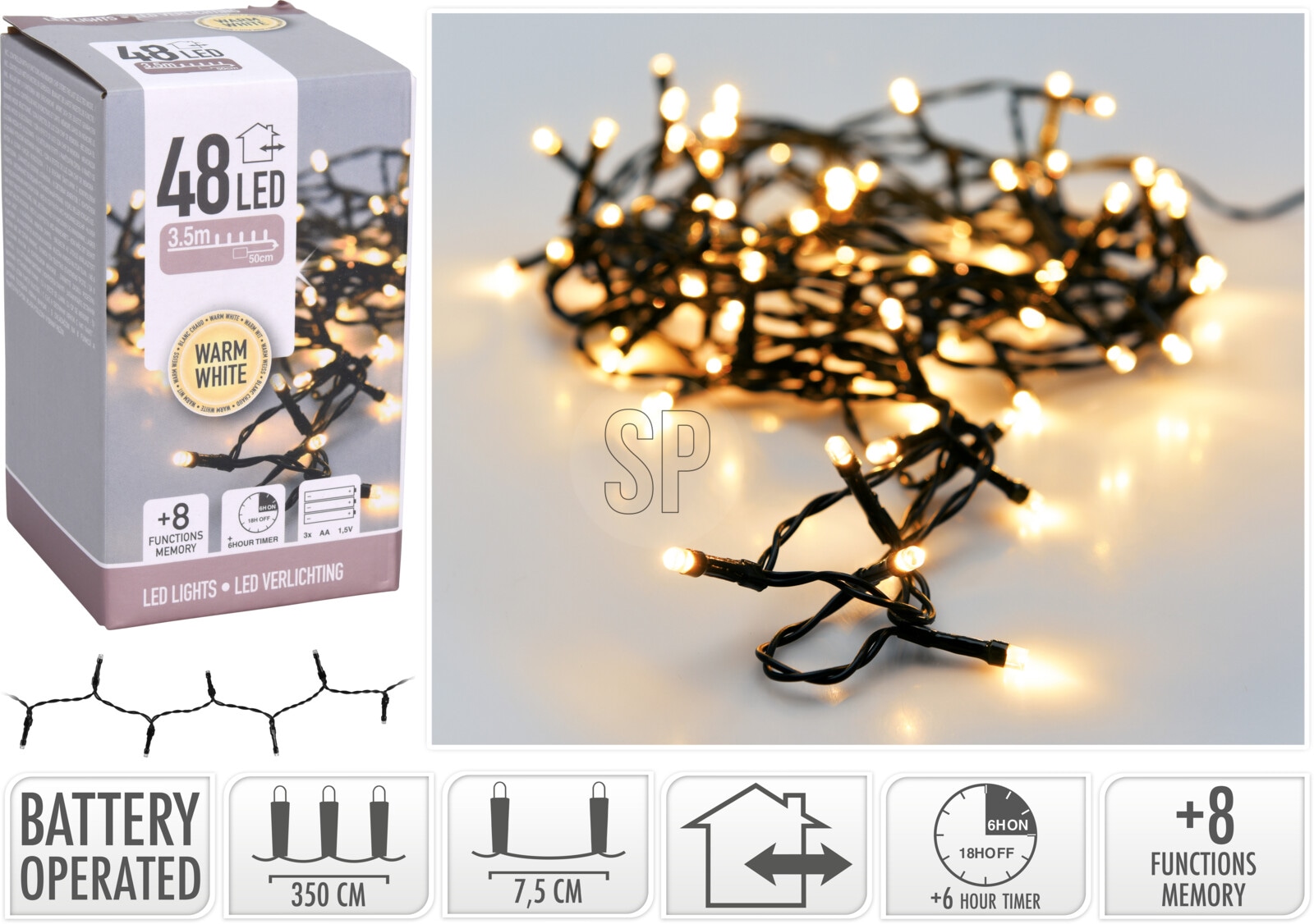 LED-Lichterkette warmweiß, Batteriebetrieben, 48 LEDs, schwarzes Kabel, Innen/Außen, 4m KOOPMAN LED-Lichterkette warmweiß, Batteriebetrieben, 48 LEDs, schwarzes Kabel, Innen/Außen, 4m