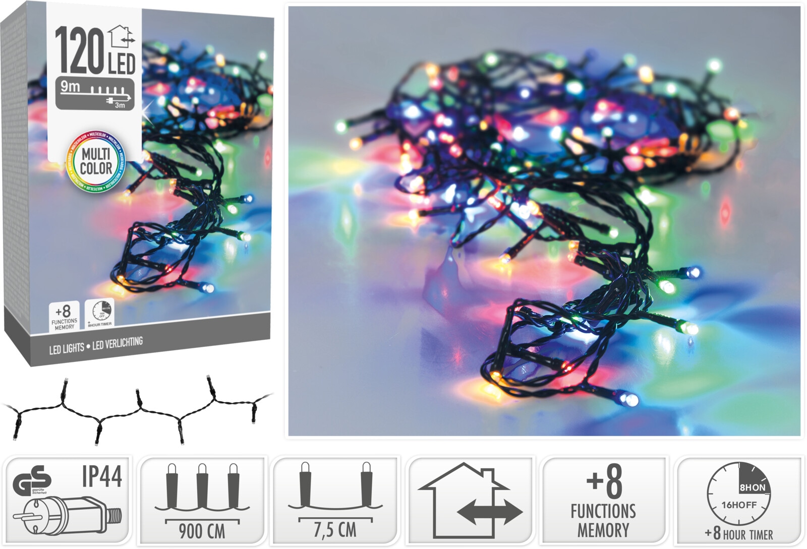 KOOPMAN LED-Lichterkette bunt, 120 LEDs, Grünes Kabel, Innen/Außen, 12m, 8 Funk.