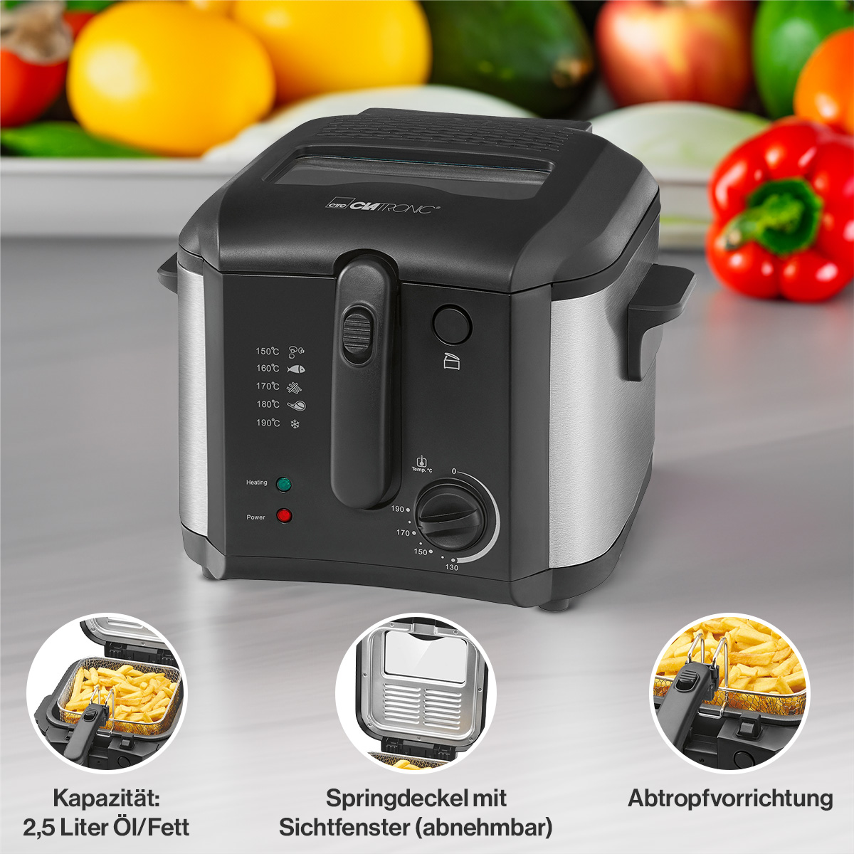 CLATRONIC Fritteuse 2,5L (Öl) FR 3649, antihaftbeschichtet, 1600W, schwarz