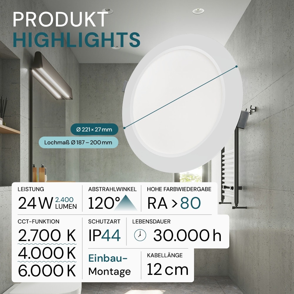 LUXULA LED-Einbauleuchte, 24W, EEK: F, 2400lm, CCT, IP44, weiß LUXULA LED-Einbauleuchte, 24W, EEK: F, 2400lm, CCT, IP44, weiß