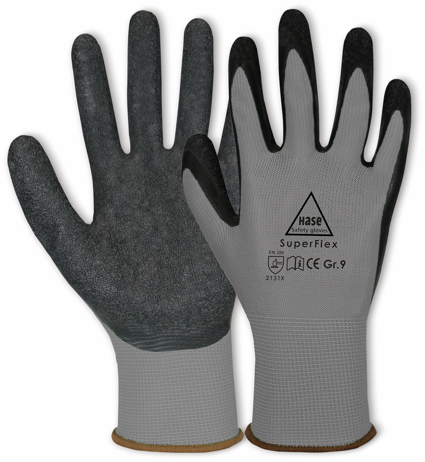 HASE SAFETY GLOVES Latex-Arbeitshandschuhe Superflex, EN 388, EN 420, Größe 9, grau/schwarz