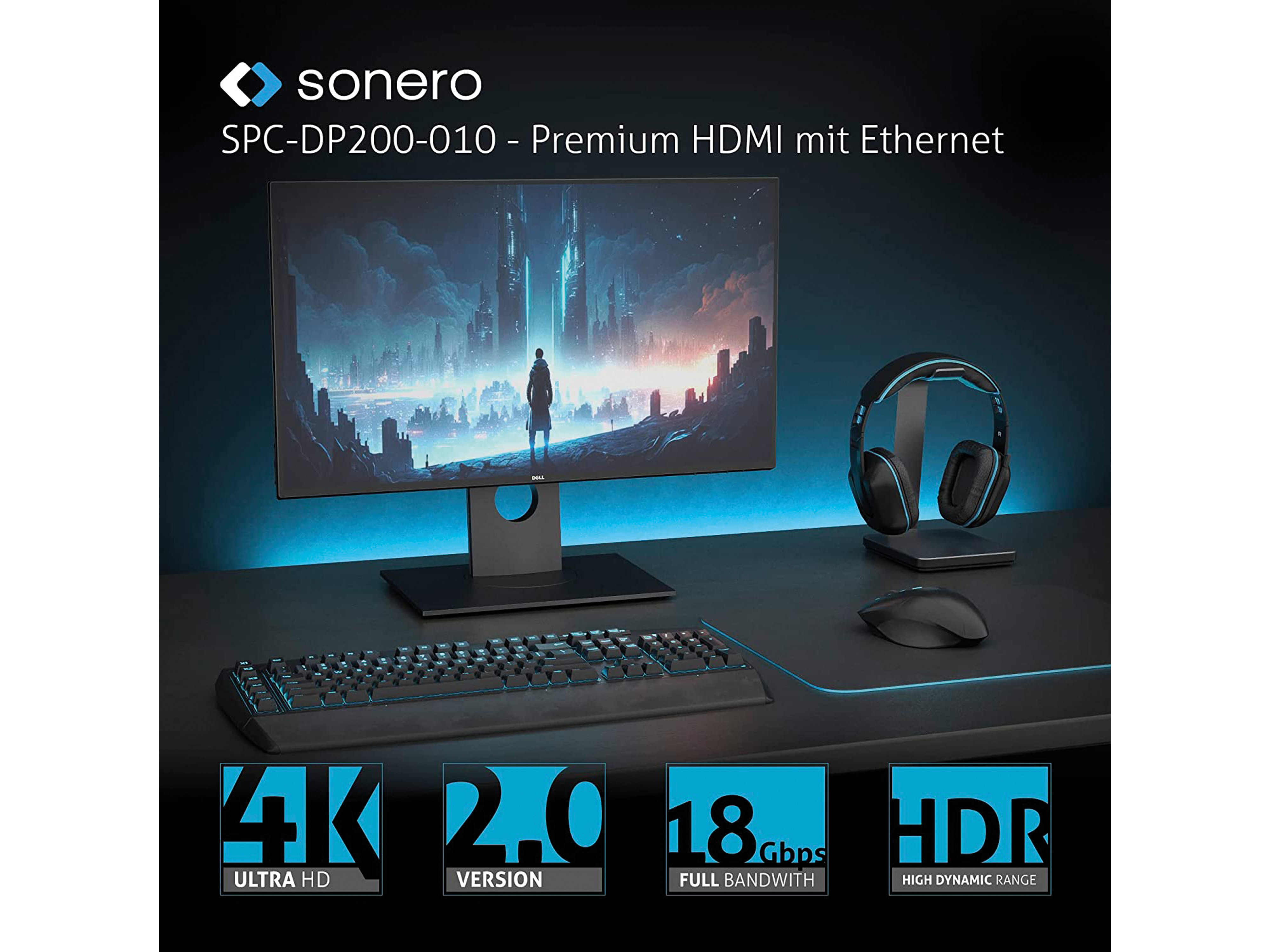 SONERO DisplayPort-Kabel, DP/HDMI, Stecker/Stecker, 4K60, grau/schwarz, 3 m
