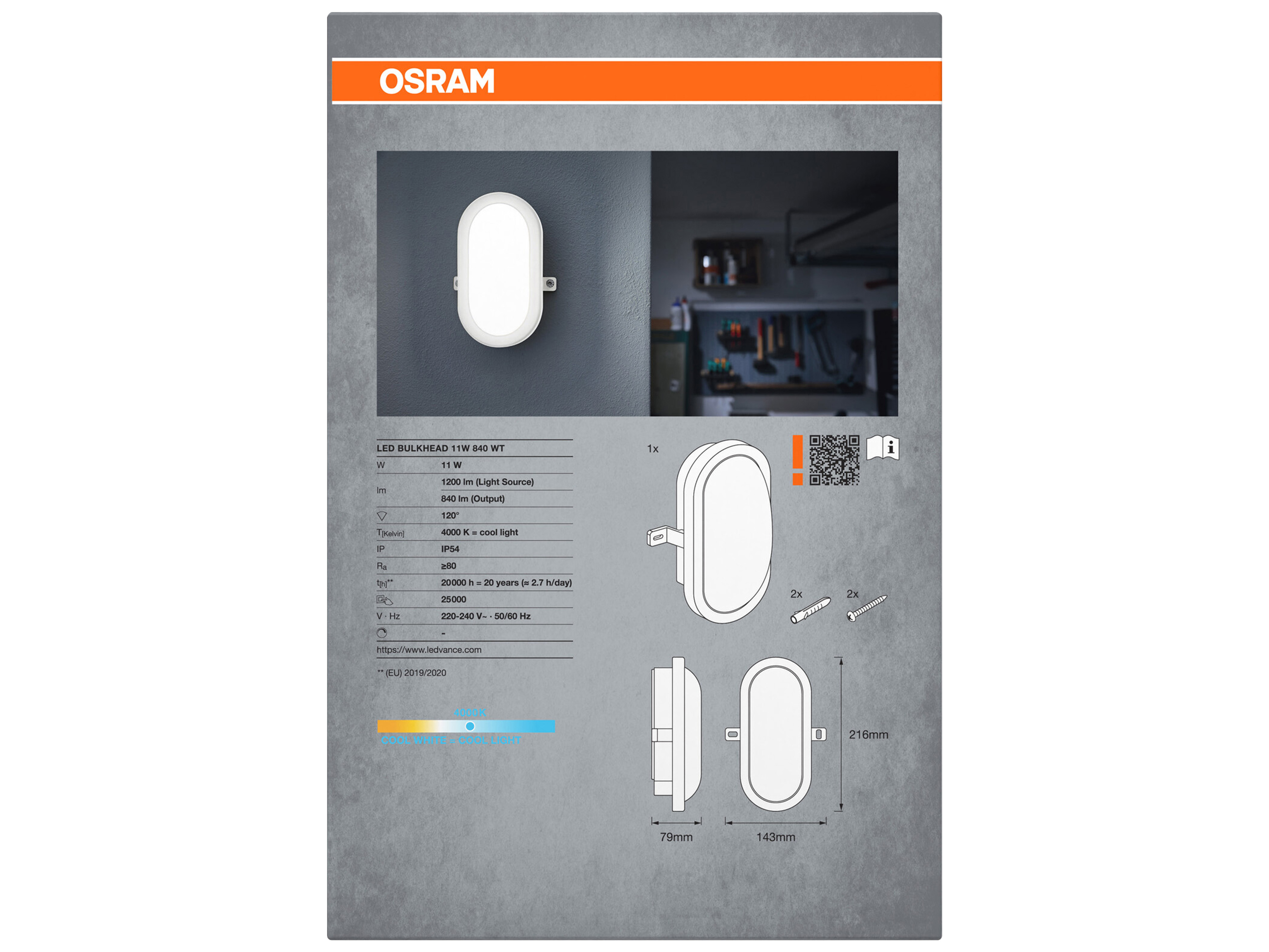 OSRAM LED-Wandleuchte, Bulkhead, 11W, 840lm, 4000K, IP56, weiß LED-Wandleuchte OSRAM, Bulkhead, 11W, 840lm, 4000K, IP56, weiß