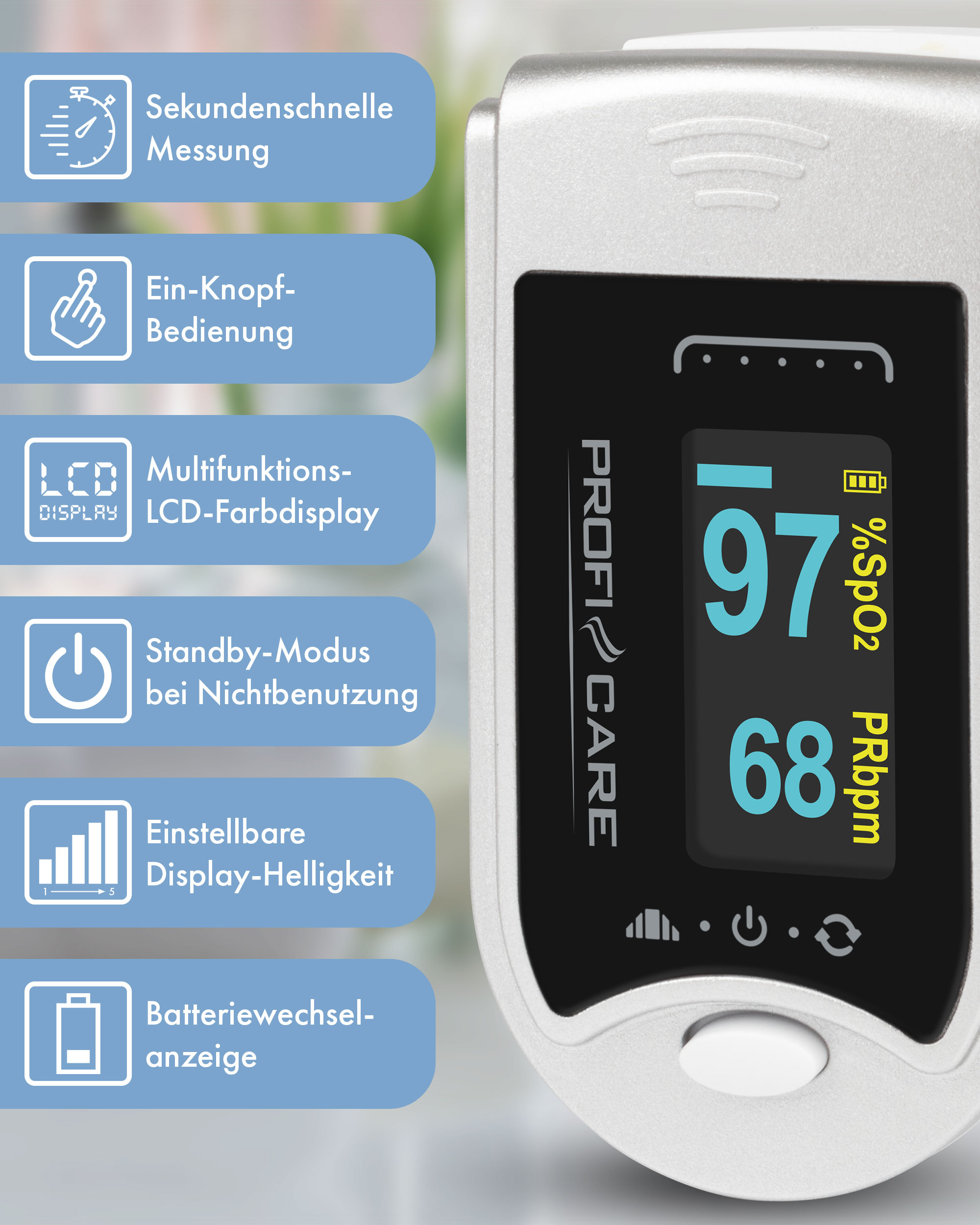 PROFI CARE Pulsoximeter PC-PO 3104, 3 in 1, Blutsauerstoff-Messgerät PROFICARE Pulsoximeter PC-PO 3104, 3 in 1, Blutsauerstoff-Messgerät