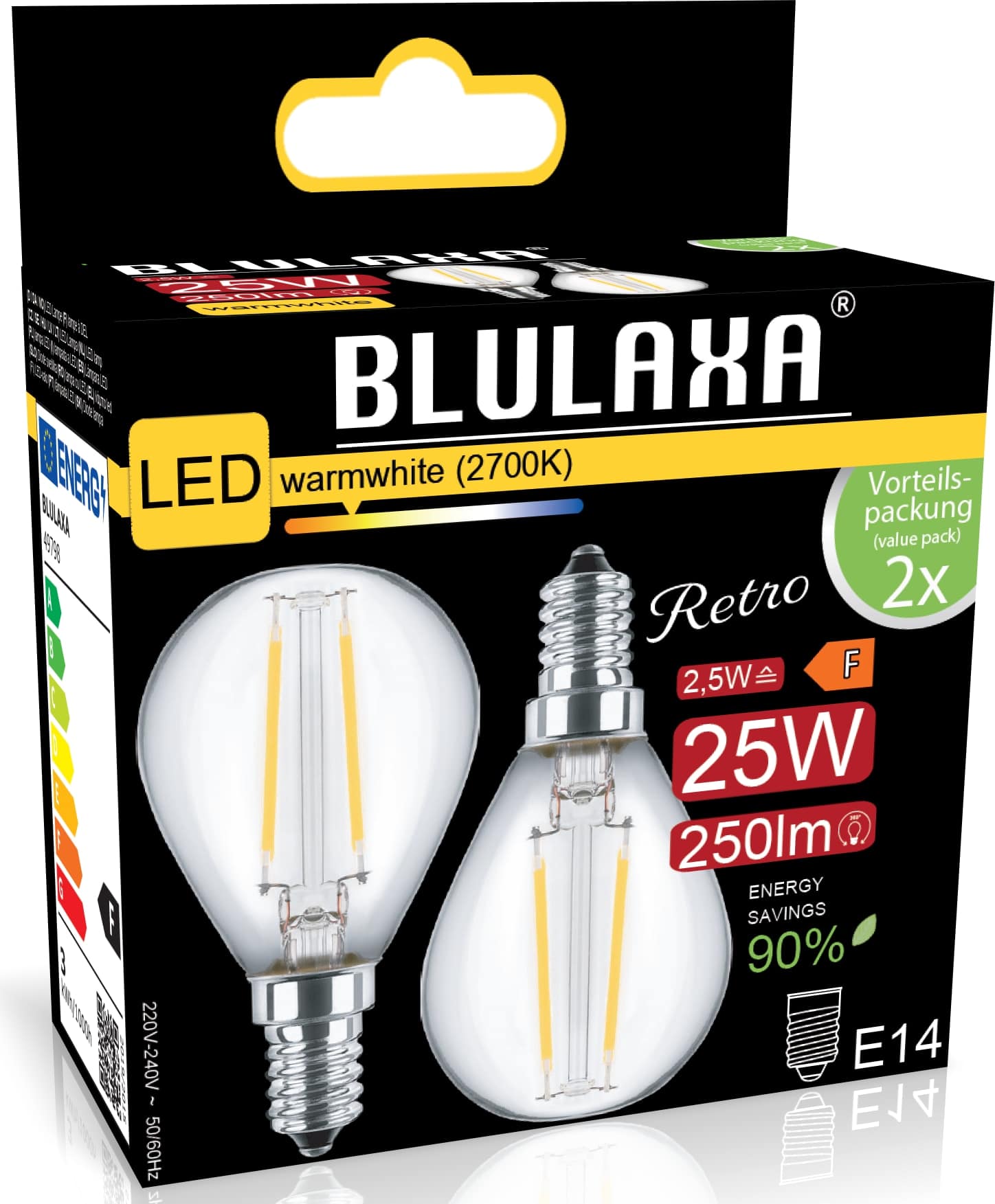 BLULAXA LED-Filament-Lampe, G45, EEK: F, E14, 2,5 W, 250 lm, 2700 K, 2 Stück BLULAXA LED-Filament-Lampe, G45, EEK: F, E14, 2,5 W, 250 lm, 2700 K, 2 Stück