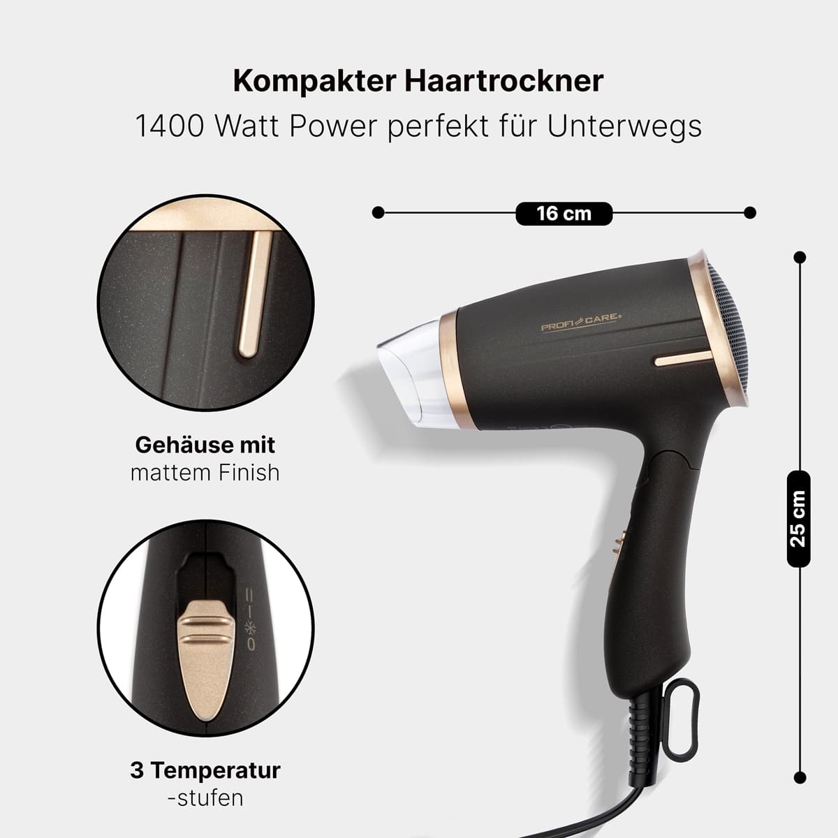 PROFI CARE Haartrockner PC-HT 3009, Klappgriff, kompakt, 1400W, braun-bronze PROFICARE Haartrockner PC-HT 3009, Klappgriff, kompakt, 1400W, braun-bronze