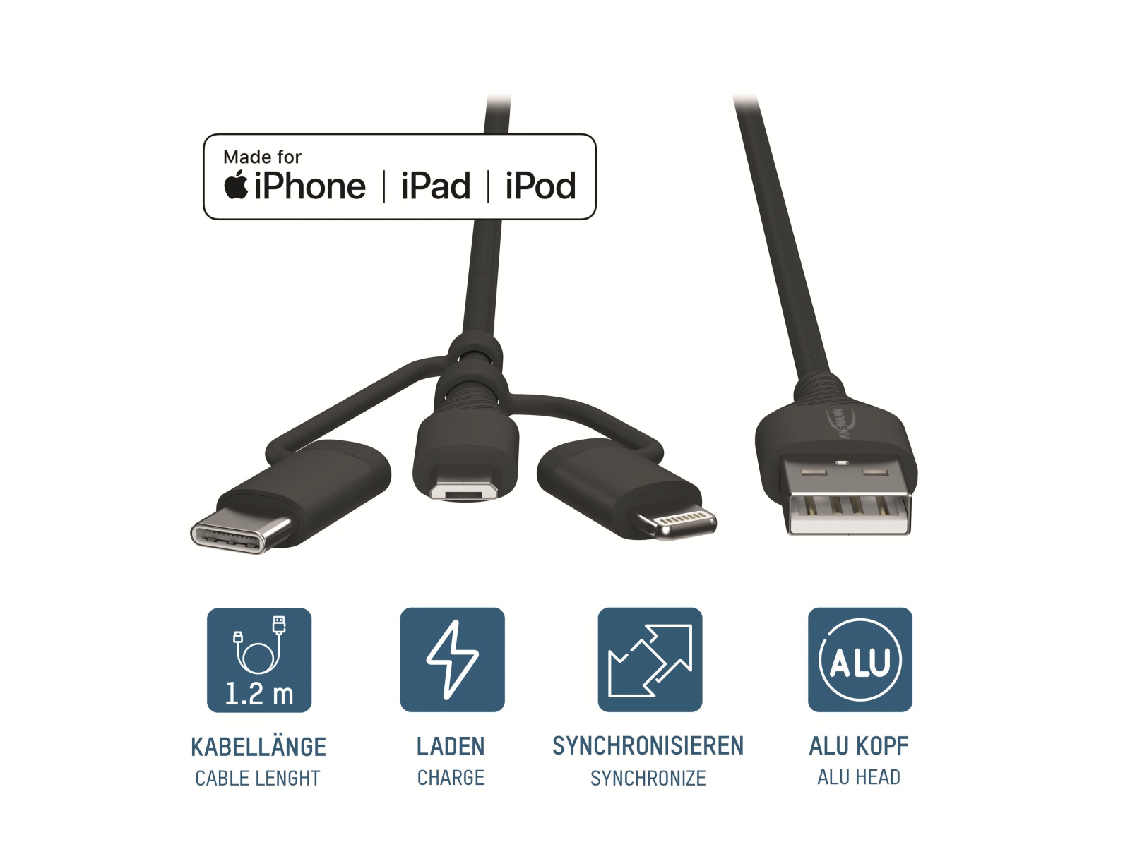 ANSMANN USB 3in1 Daten-/Ladekabel, 120 cm ANSMANN USB 3in1 Daten-/Ladekabel, 120 cm