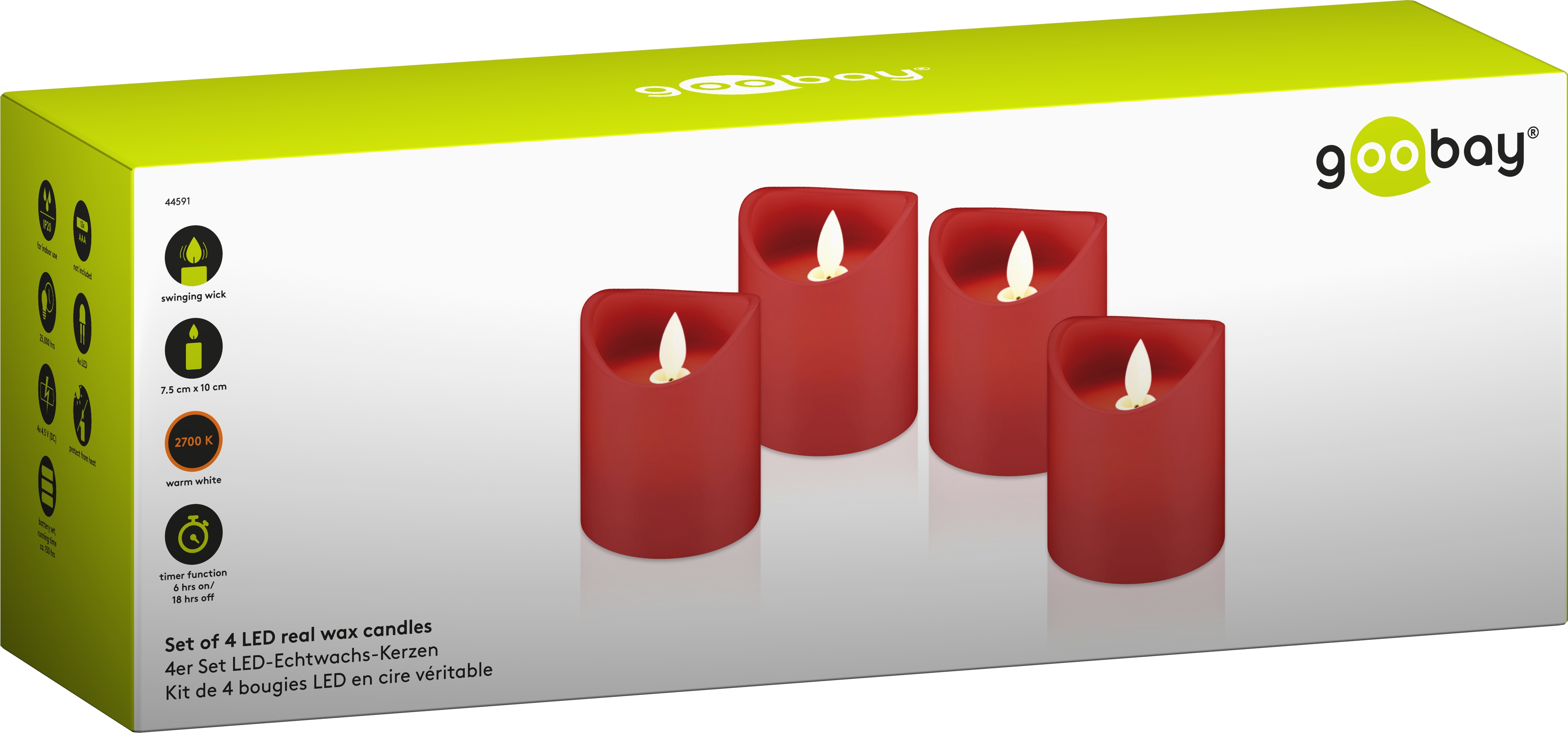 GOOBAY LED-Echtwachskerzen, Timerfunktion, 4 Stück, warmweiß, rot GOOBAY LED-Echtwachskerzen, Timerfunktion, 4 Stück, warmweiß, rot