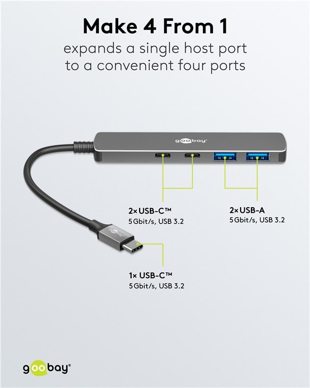 GOOBAY USB3.2 Hub 79159 Slim 4 Port USB-C auf USB-C/USB-A 5 Gbit/s GOOBAY USB3.2 Hub 79159 Slim 4 Port USB-C auf USB-C/USB-A 5 Gbit/s