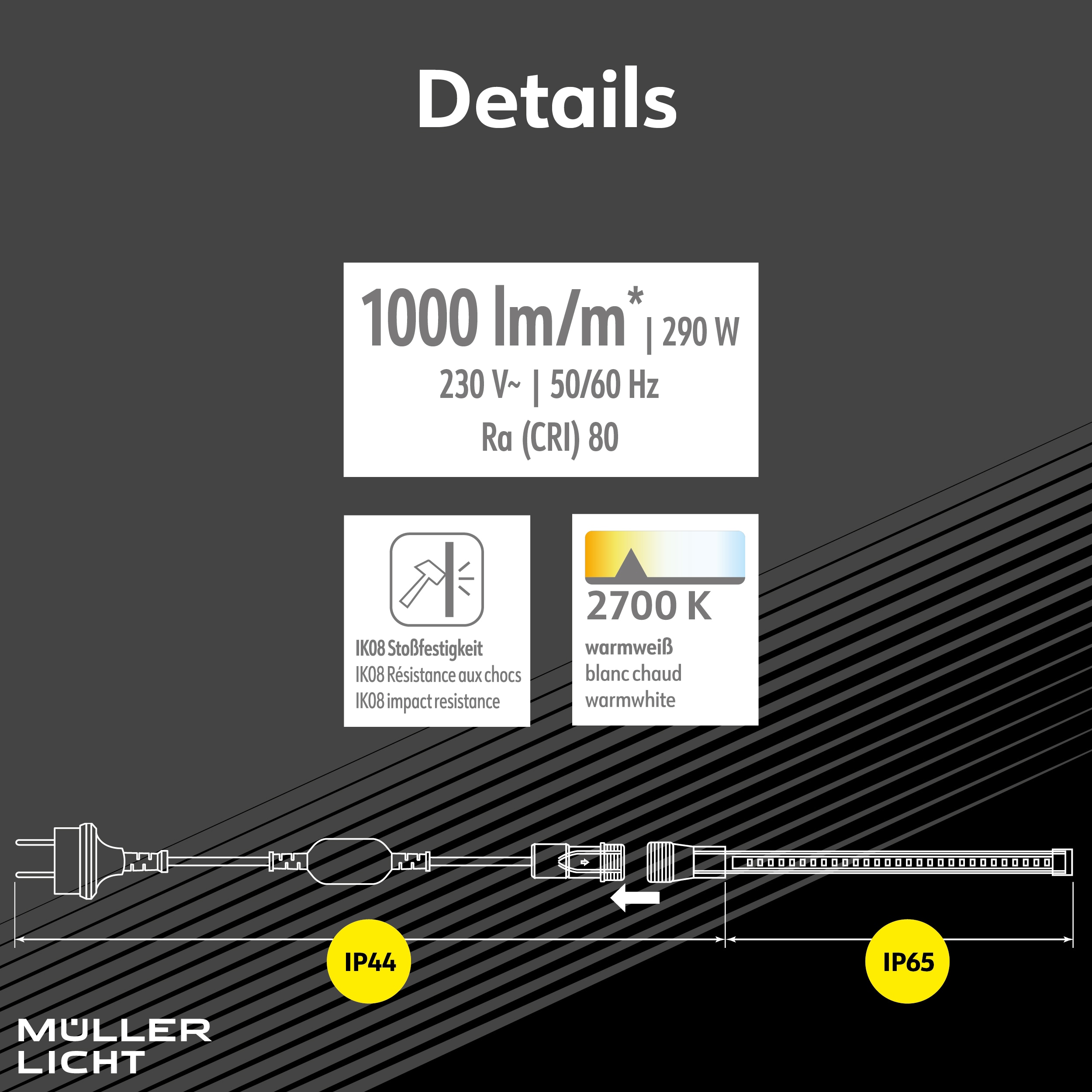 MÜLLER-LICHT LED-Strip Power Stripe 25m, 290 W, 25000 lm, 2700 K, IP44, warmweiß