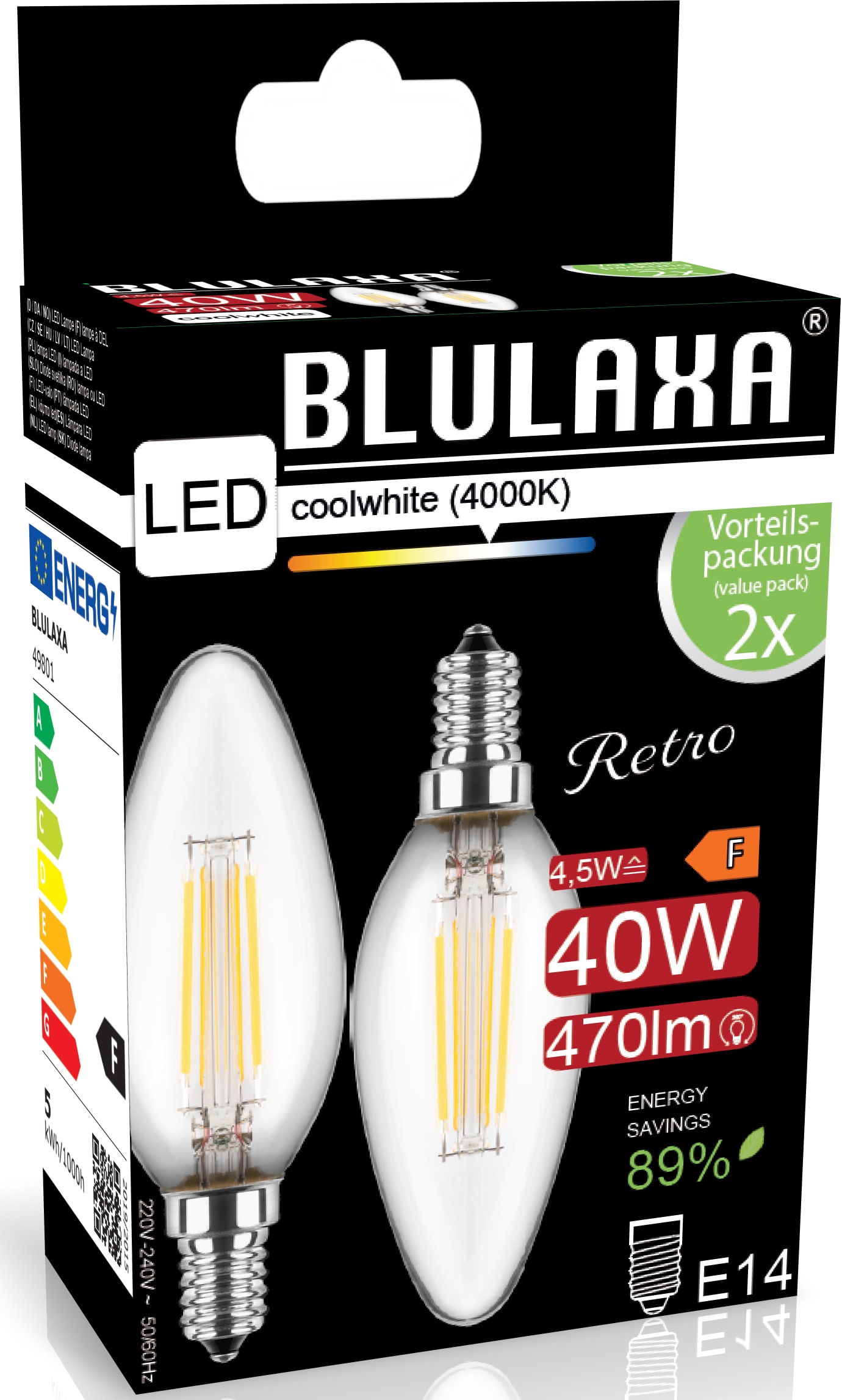 BLULAXA LED-Filament-Lampe, C35, EEK: F, E14, 4,5 W, 470 lm, 4000 K, 2 Stück BLULAXA LED-Filament-Lampe, C35, EEK: F, E14, 4,5 W, 470 lm, 4000 K, 2 Stück