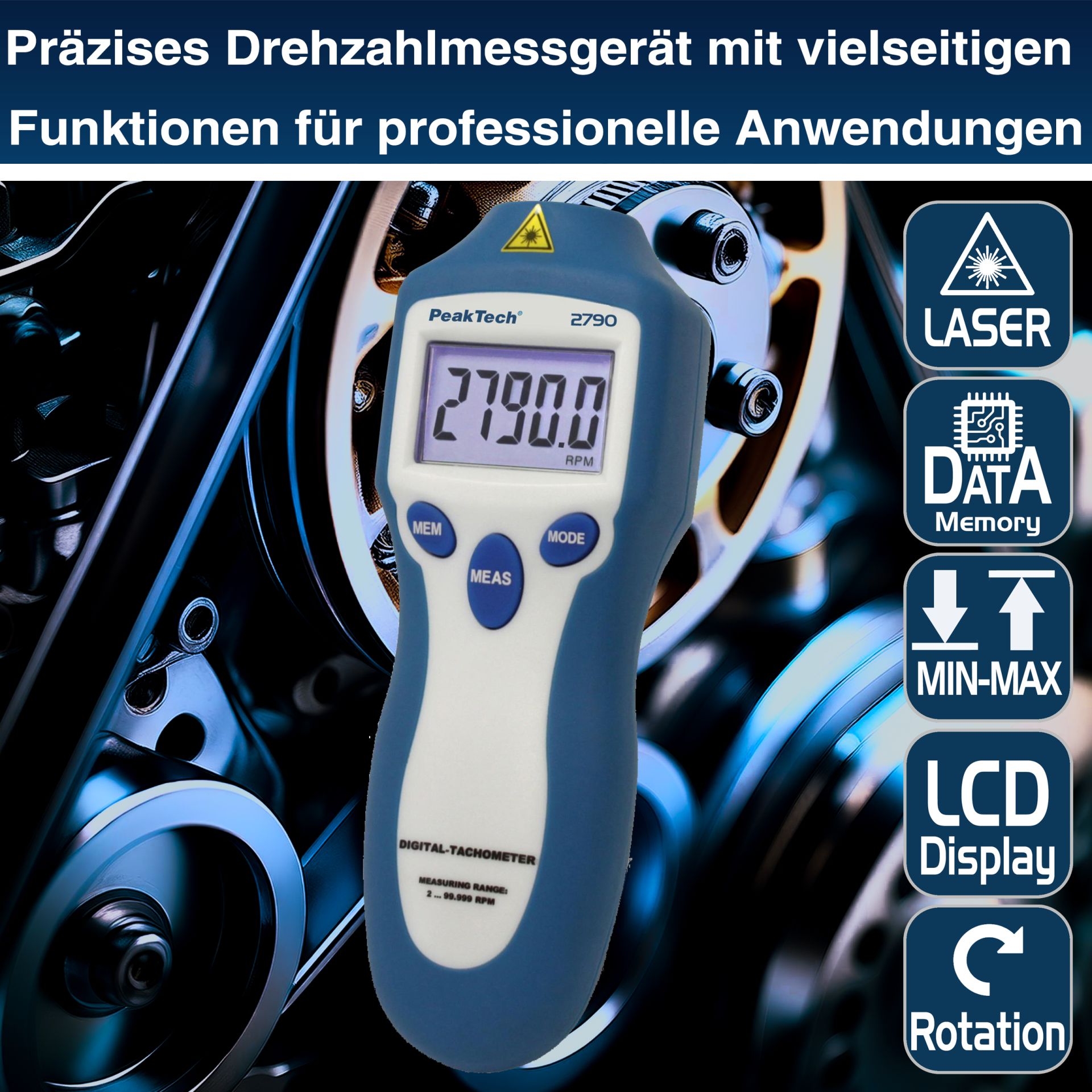 PEAKTECH Drehzahlmessgerät P 2790, 5-stellig, 1... 99.999 rpm PEAKTECH Drehzahlmessgerät P 2790, 5-stellig, 1... 99.999 rpm