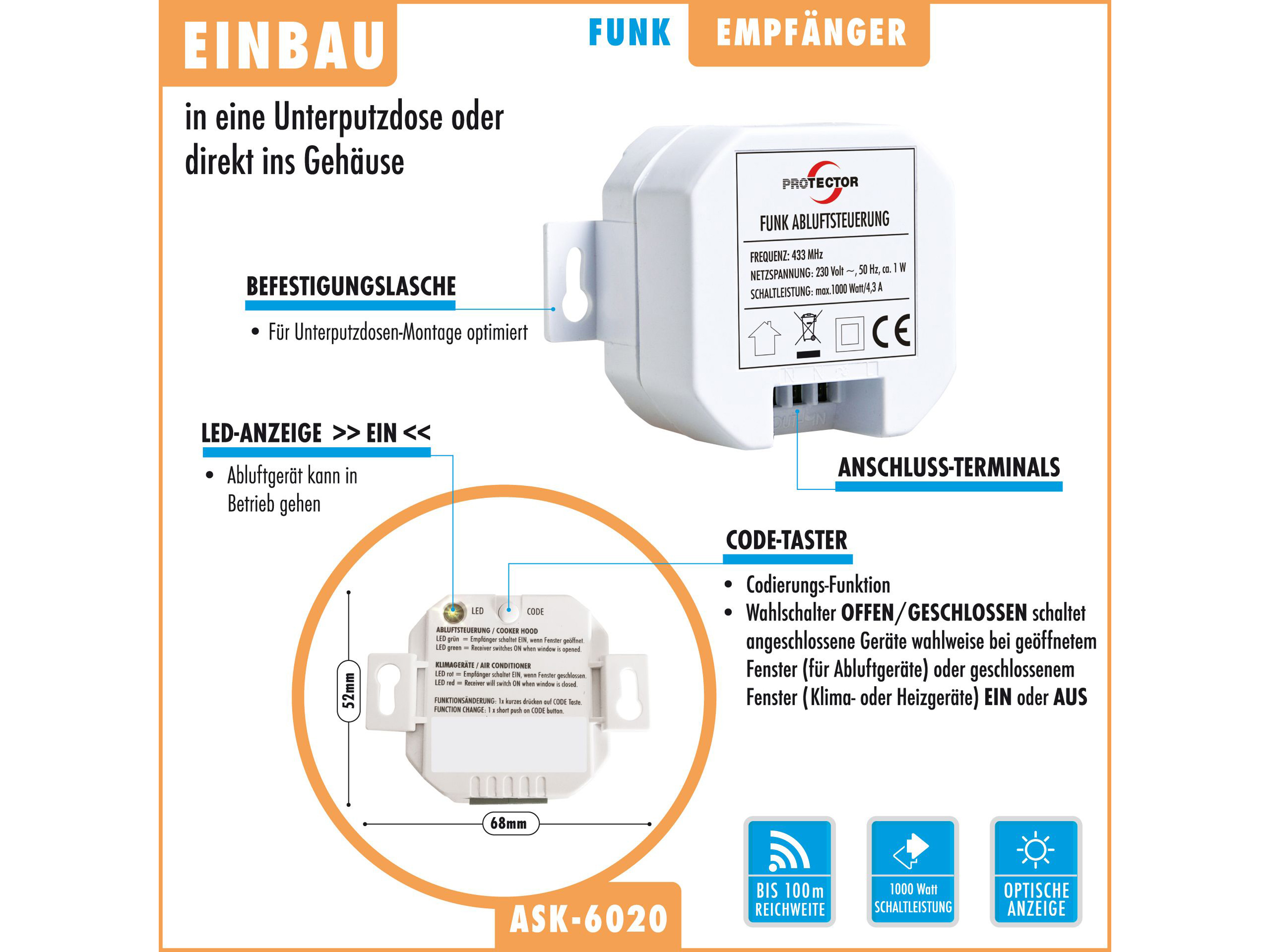 PROTECTOR Funk Abluftsteuerung ASK 6020, mit Kinetik Fenster-Sender, Einbauvariante PROTECTOR Funk Abluftsteuerung ASK 6020, mit Kinetik Fenster-Sender, Einbauvariante