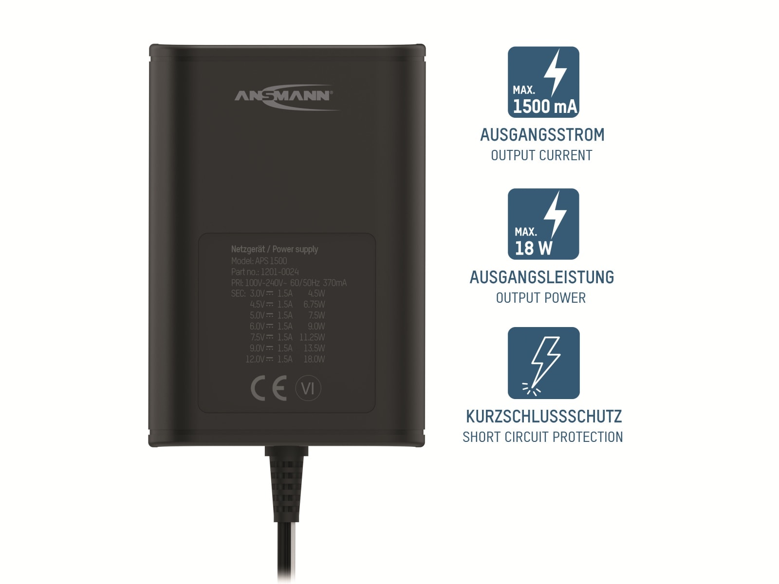 ANSMANN Universal-Netzteil APS 1500, 18W, Ladestrom max. 1,5A, 3-12V- ANSMANN Universal-Netzteil APS 1500, 18W, Ladestrom max. 1,5A, 3-12V-