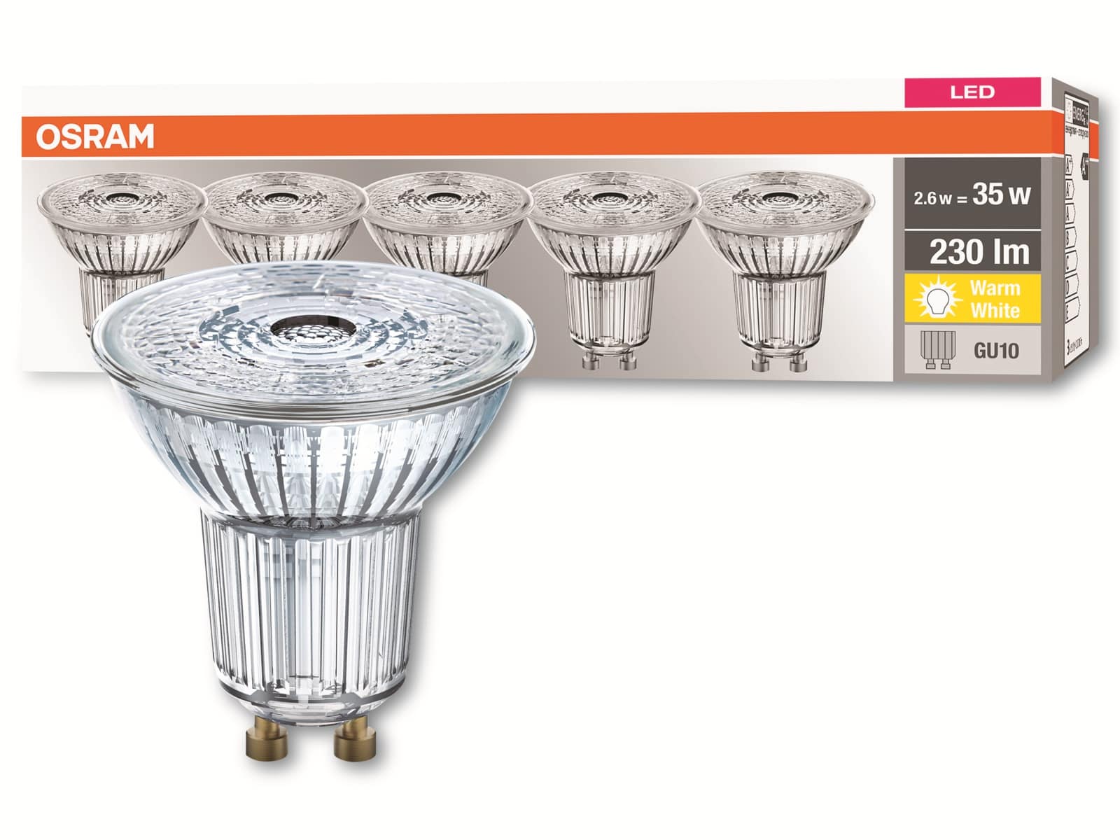 OSRAM LED-Lampe, PAR16, GU10, EEK: F, 2,6W, 230lm, 2700K, 5 Stk OSRAM LED-Lampe, PAR16, GU10, EEK: F, 2,6W, 230lm, 2700K, 5 Stk