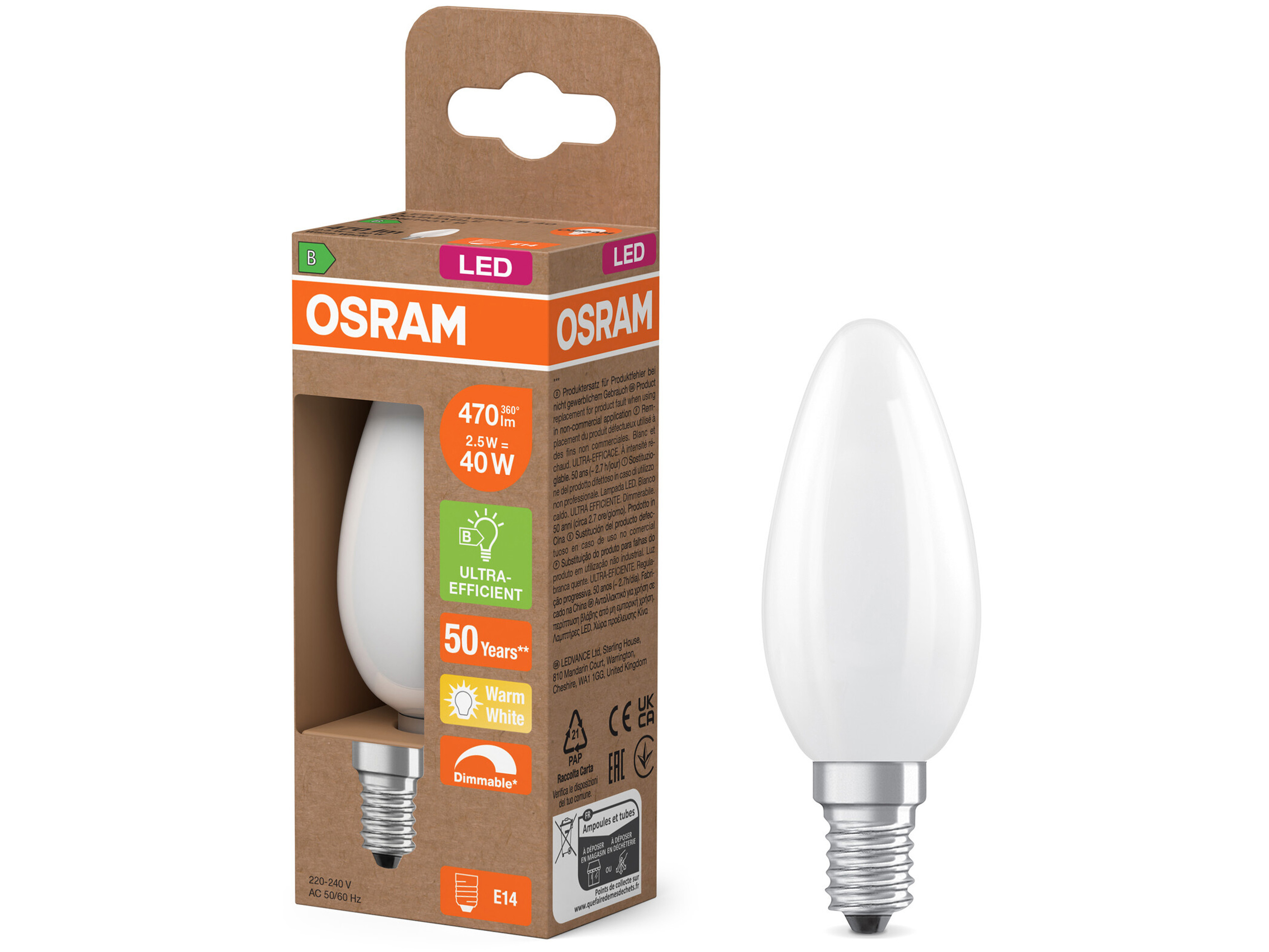 OSRAM LED-Lampe Classic, dimmbar, E14, 2,5 W, 2700 K, EEK: B, 470 lm, warmweiß OSRAM LED-Lampe Classic, dimmbar, E14, 2,5 W, 2700 K, EEK: B, 470 lm, warmweiß