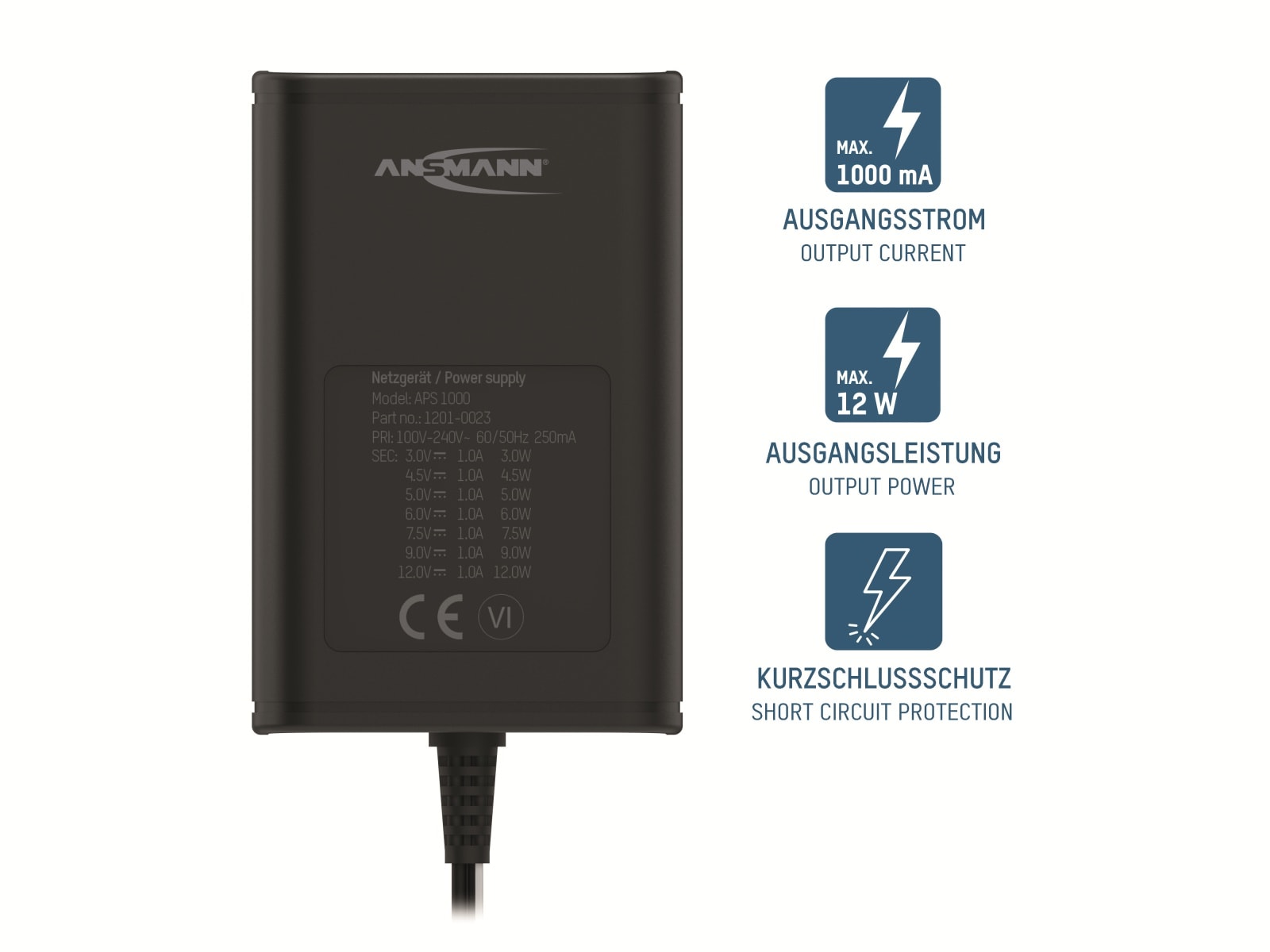 ANSMANN Universal-Netzteil APS 1000, 12W, Ladestrom max. 1A, 3-12V- ANSMANN Universal-Netzteil APS 1000, 12W, Ladestrom max. 1A, 3-12V-
