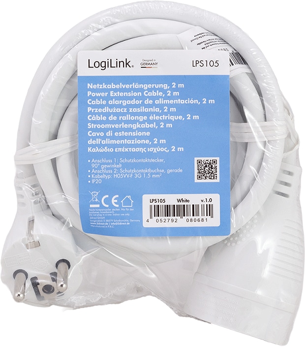 LOGILINK Schutzkontaktverlängerung LPS105 CEE7/7 (90°) zu CEE 7/3 2m weiß LOGILINK Netzkabelverlängerung LPS105 CEE7/7 (90°) zu CEE 7/3 2m weiß