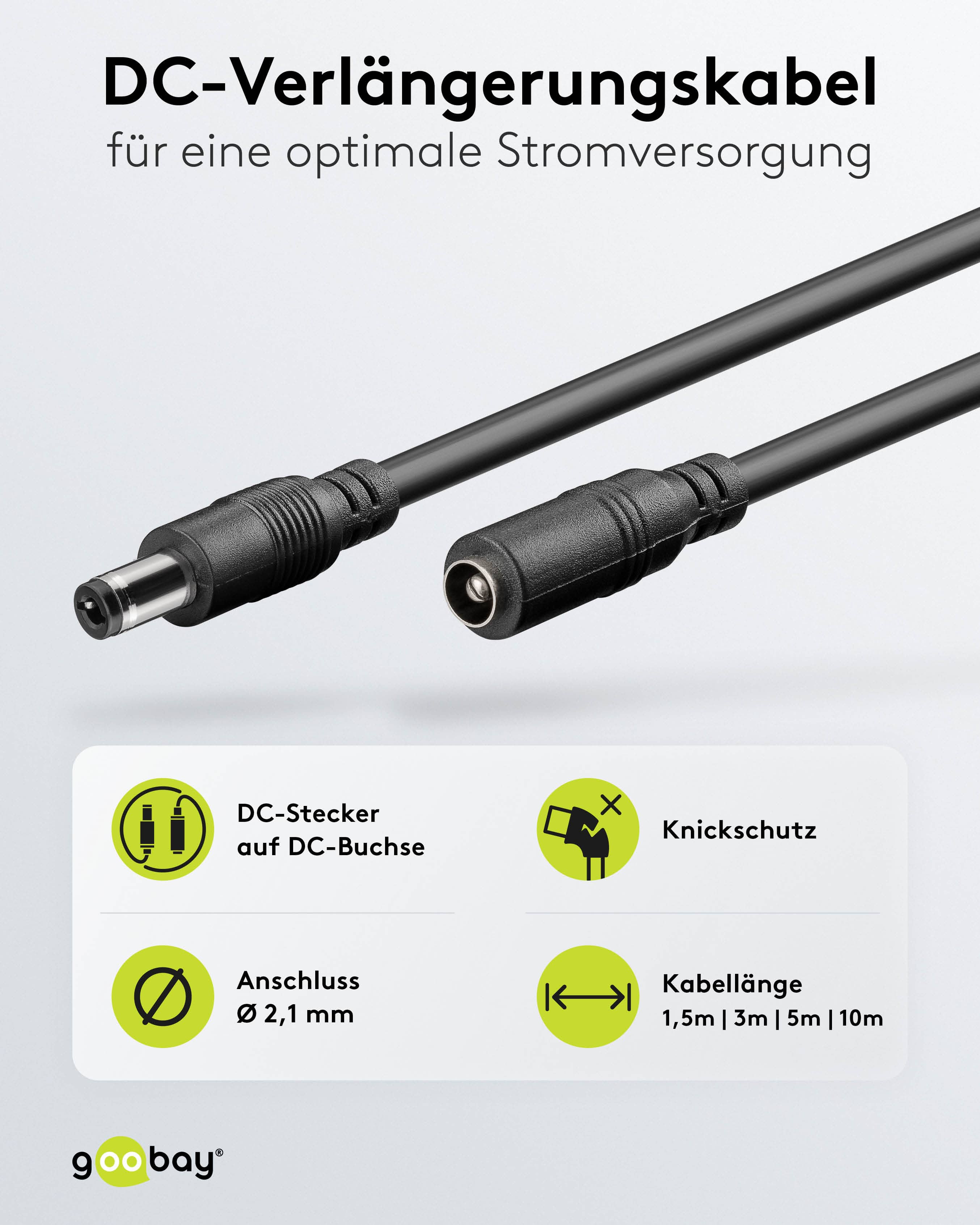 GOOBAY DC-Adapterkabel 2,1 mm, DC-Stecker auf DC-Kupplung, schwarz, 5 m GOOBAY DC-Adapterkabel 2,1 mm, DC-Stecker auf DC-Kupplung, schwarz, 5 m