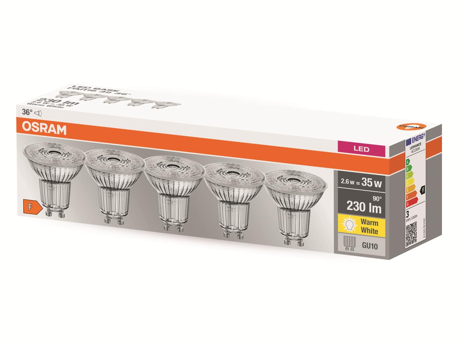 OSRAM LED-Lampe, PAR16, GU10, EEK: F, 2,6W, 230lm, 2700K, 5 Stk OSRAM LED-Lampe, PAR16, GU10, EEK: F, 2,6W, 230lm, 2700K, 5 Stk