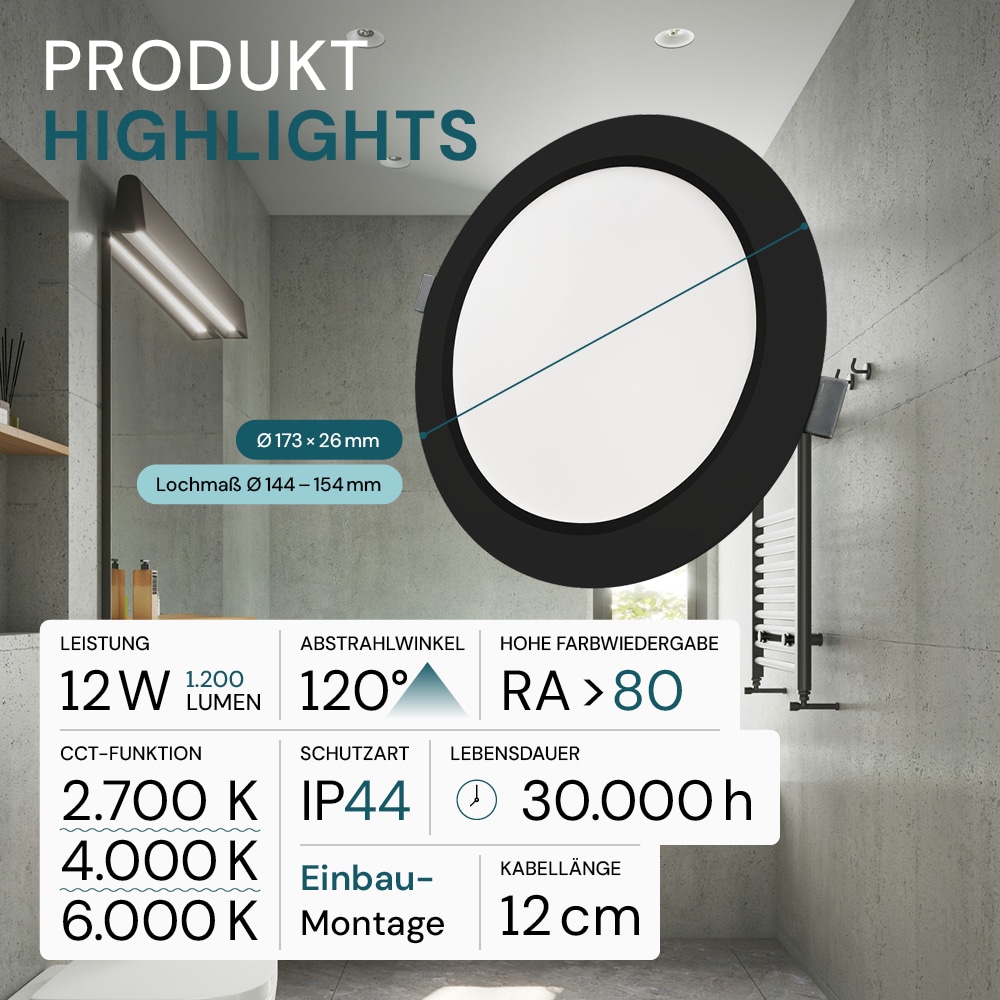 LUXULA LED-Einbauleuchte, 12W, EEK: F, 1200lm, CCT, IP44, schwarz LUXULA LED-Einbauleuchte, 12W, EEK: F, 1200lm, CCT, IP44, schwarz