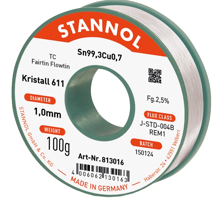 STANNOL Lötzinn Kristall 611, TC, Sn99,3Cu0,7, Fairtin Flowtin, 1,0 mm, 100 g STANNOL Lötzinn Kristall 611, TC, Sn99,3Cu0,7, Fairtin Flowtin, 1,0 mm, 100 g