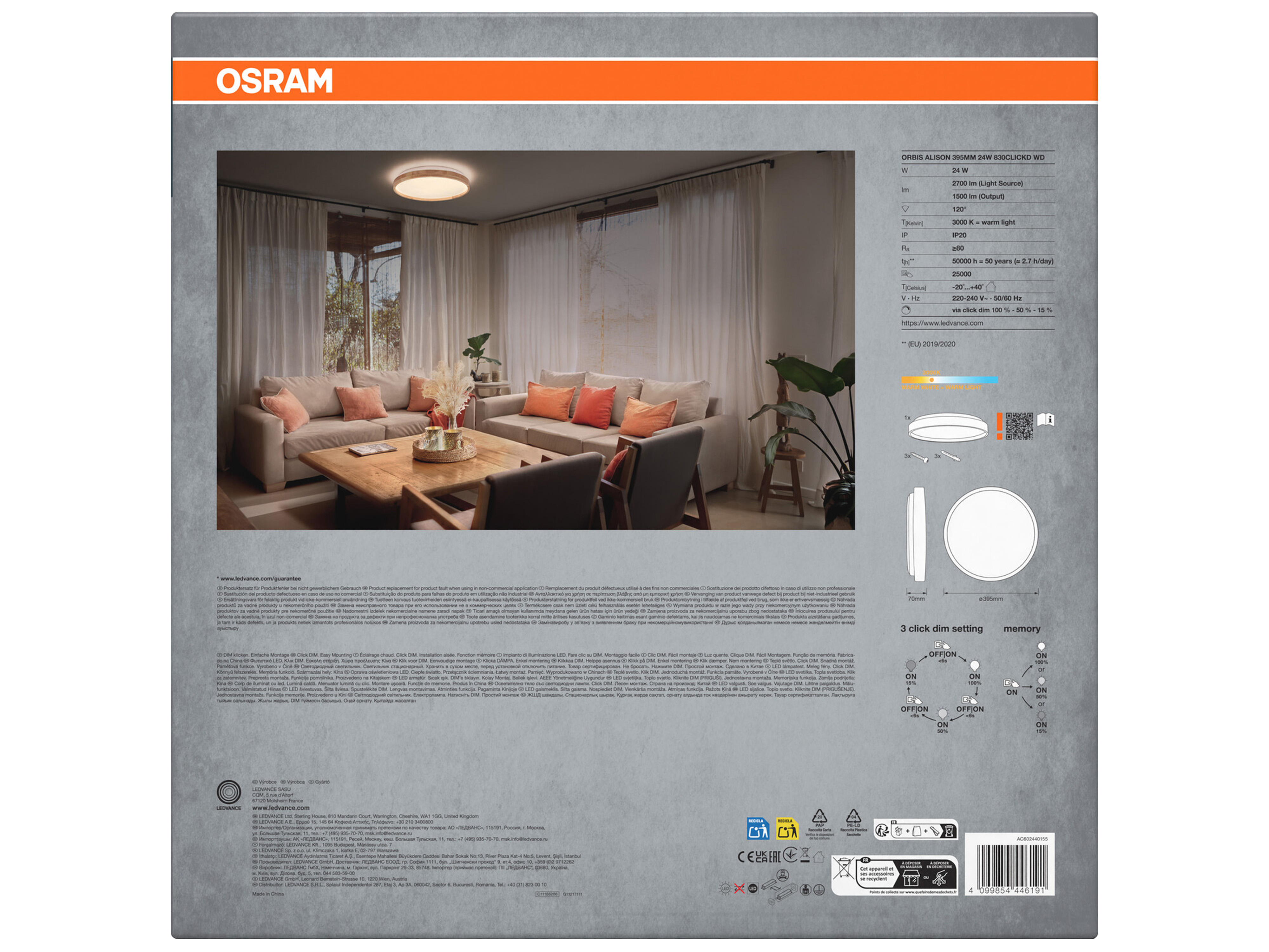 OSRAM LED-Deckenleuchte mit Holzring, 24 W, 3.000 K, Dimmbar, EEK: F, warmweiß, IP20 OSRAM LED-Deckenleuchte mit Holzring, Dimmbar, warmweiß, 3.000 K, EEK: F, IP20