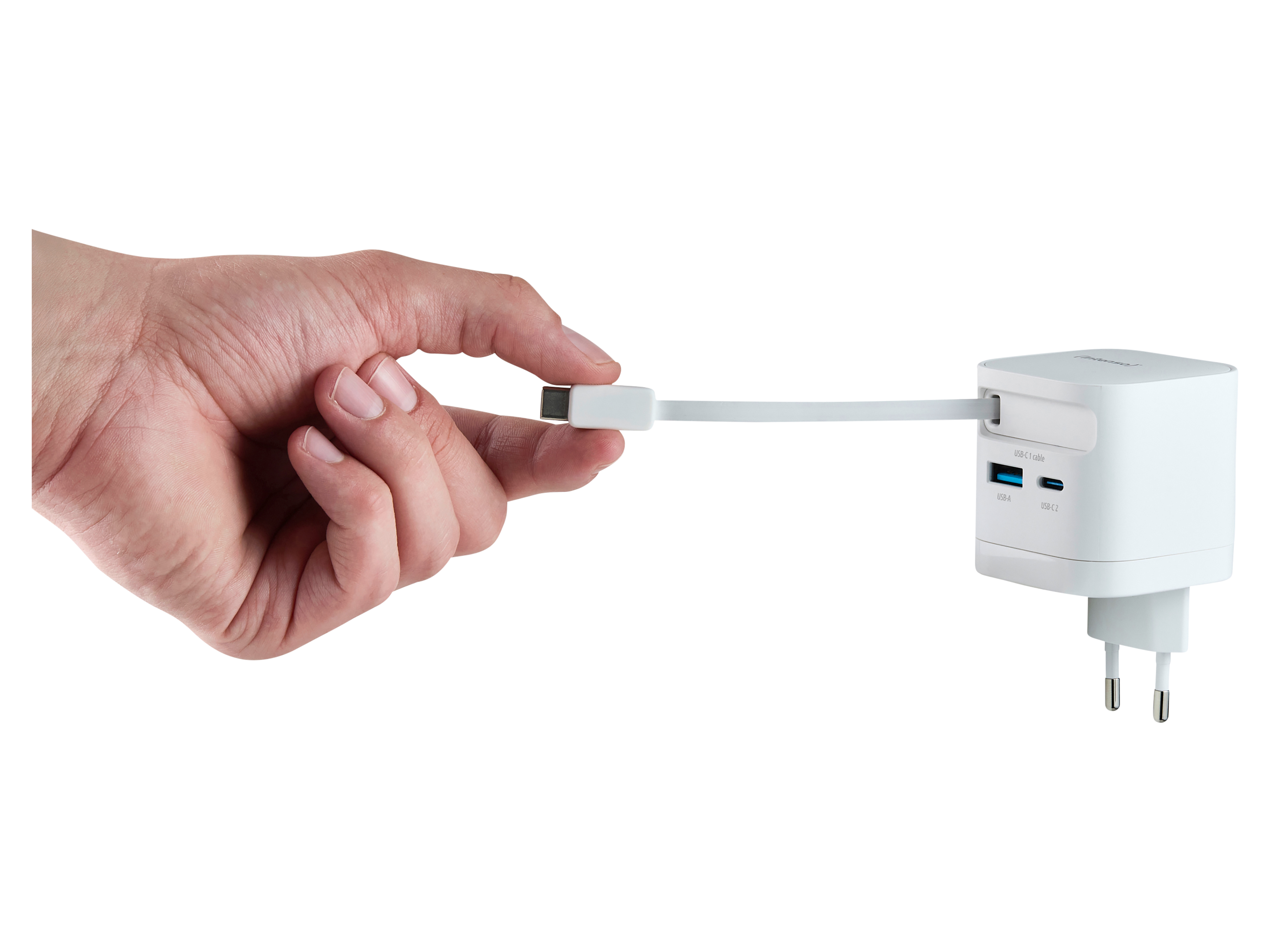INTENSO Schnellladegerät, 65 W, ausziehbares USB-C Kabel, EU-Stecker, weiß INTENSO Schnellladegerät 7806520, 65 W, weiß