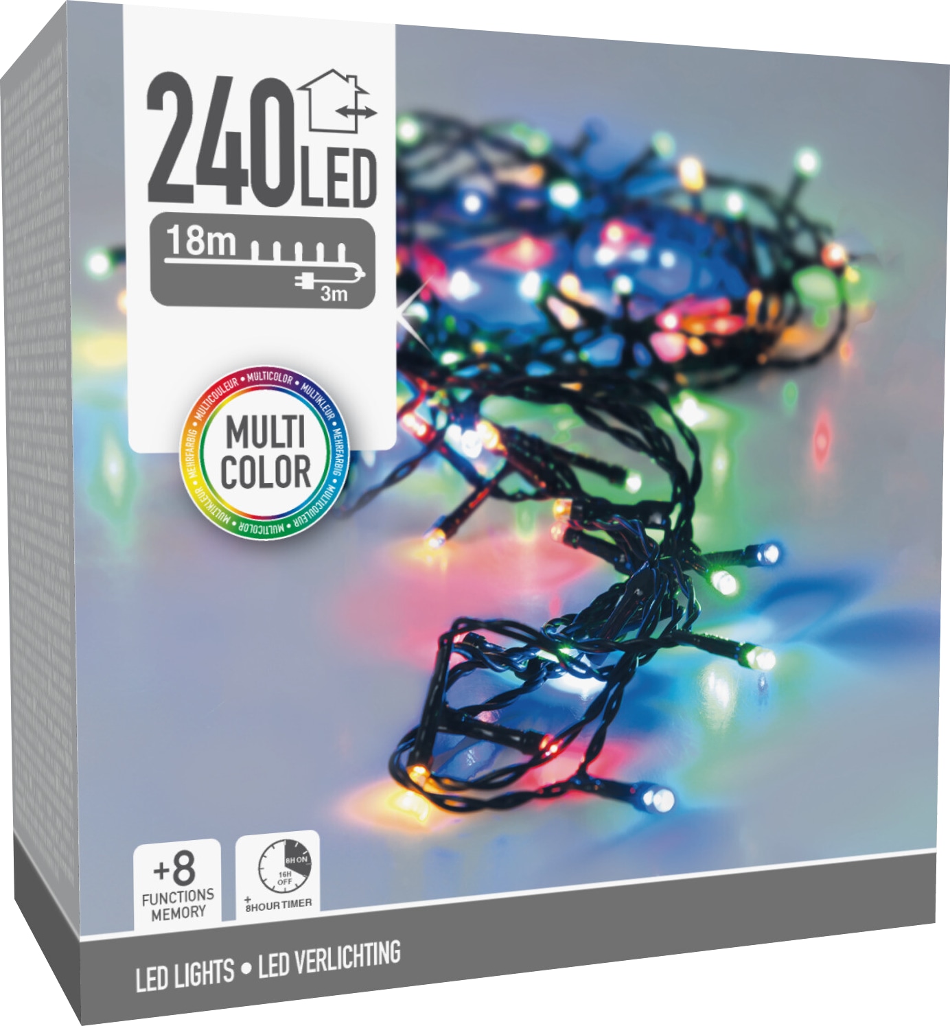 LED-Lichterkette bunt, 240 LEDs, Grünes Kabel, Innen/Außen, 21m, 8 Funk. KOOPMAN LED-Lichterkette bunt, 240 LEDs, Grünes Kabel, Innen/Außen, 21m, 8 Funk.