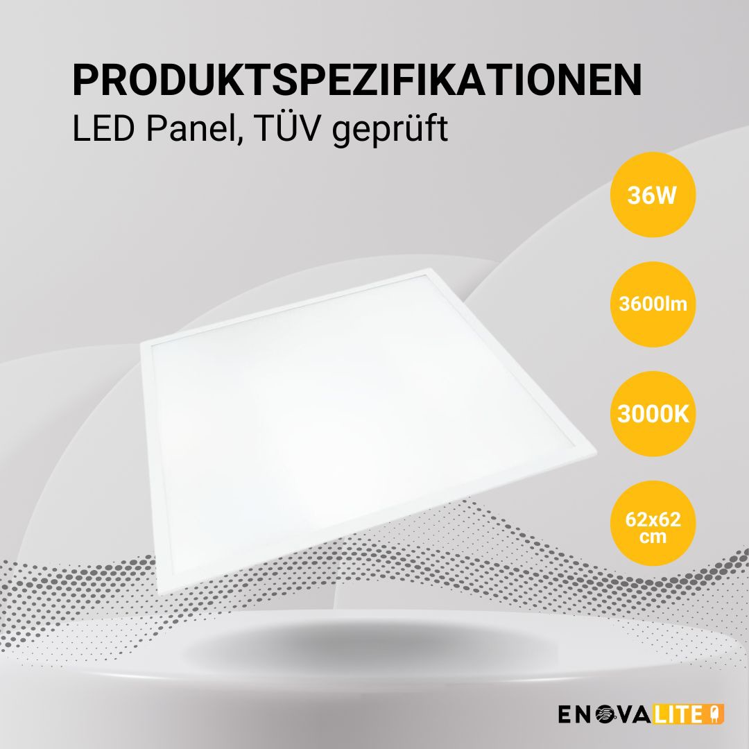 ENOVALITE LED-Panel, 36 W, 3600 lm, EEK: F, 620x620 mm, 3000 K, 120° Abstrahlwinkel ENOVALITE LED-Panel, 36 W, 3600 lm, EEK: F, 620x620 mm, 3000 K, 120° Abstrahlwinkel