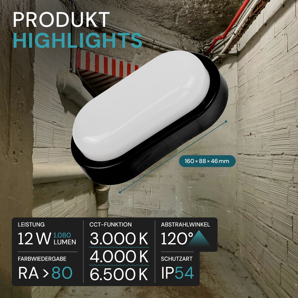 LUXULA LED-Kellerleuchte, 12W, EEK: F, 1080lm, CCT, IP54, schwarz LUXULA LED-Kellerleuchte, 12W, EEK: F, 1080lm, CCT, IP54, schwarz