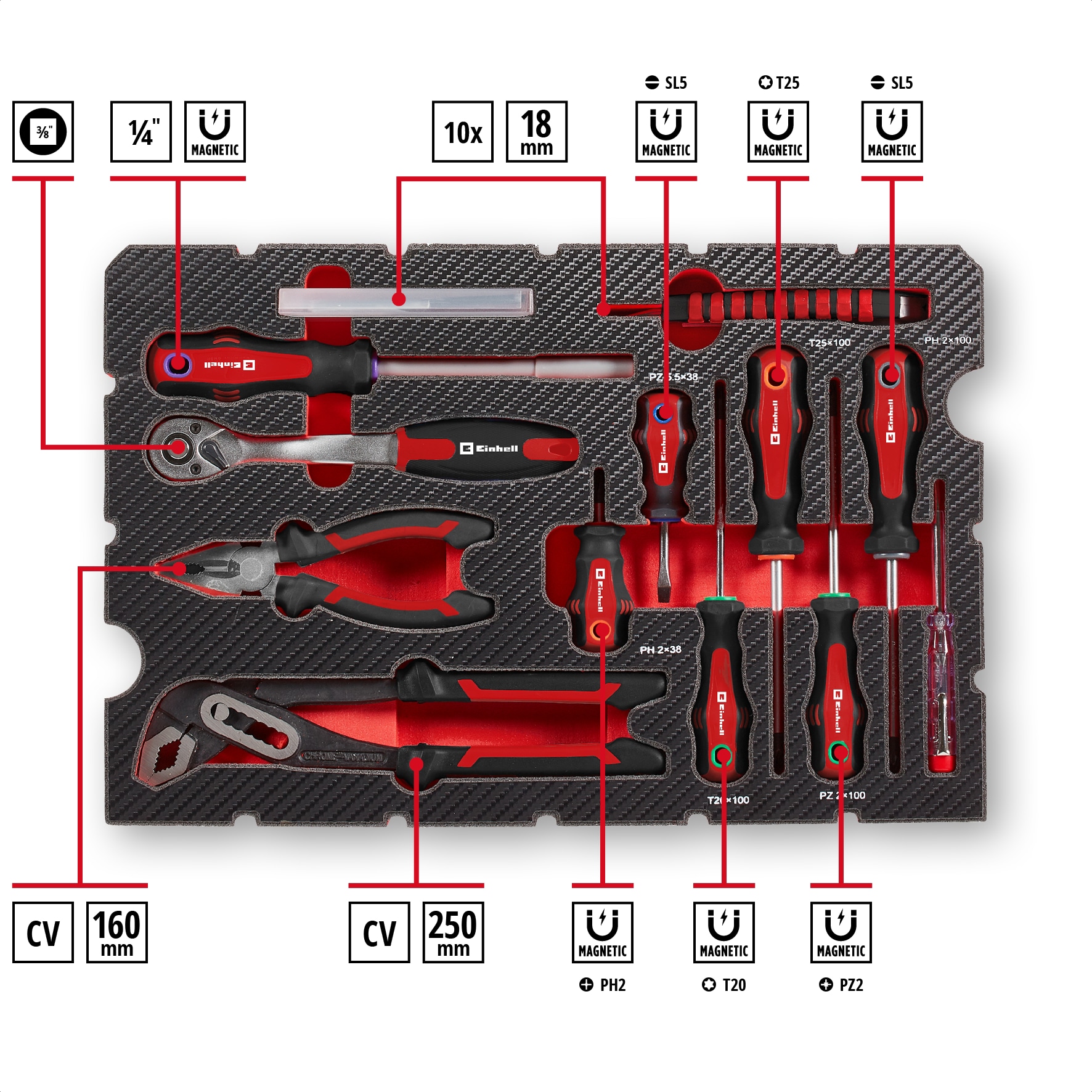 EINHELL Werkzeugkoffer, 370570, E-Case, 80-teilig