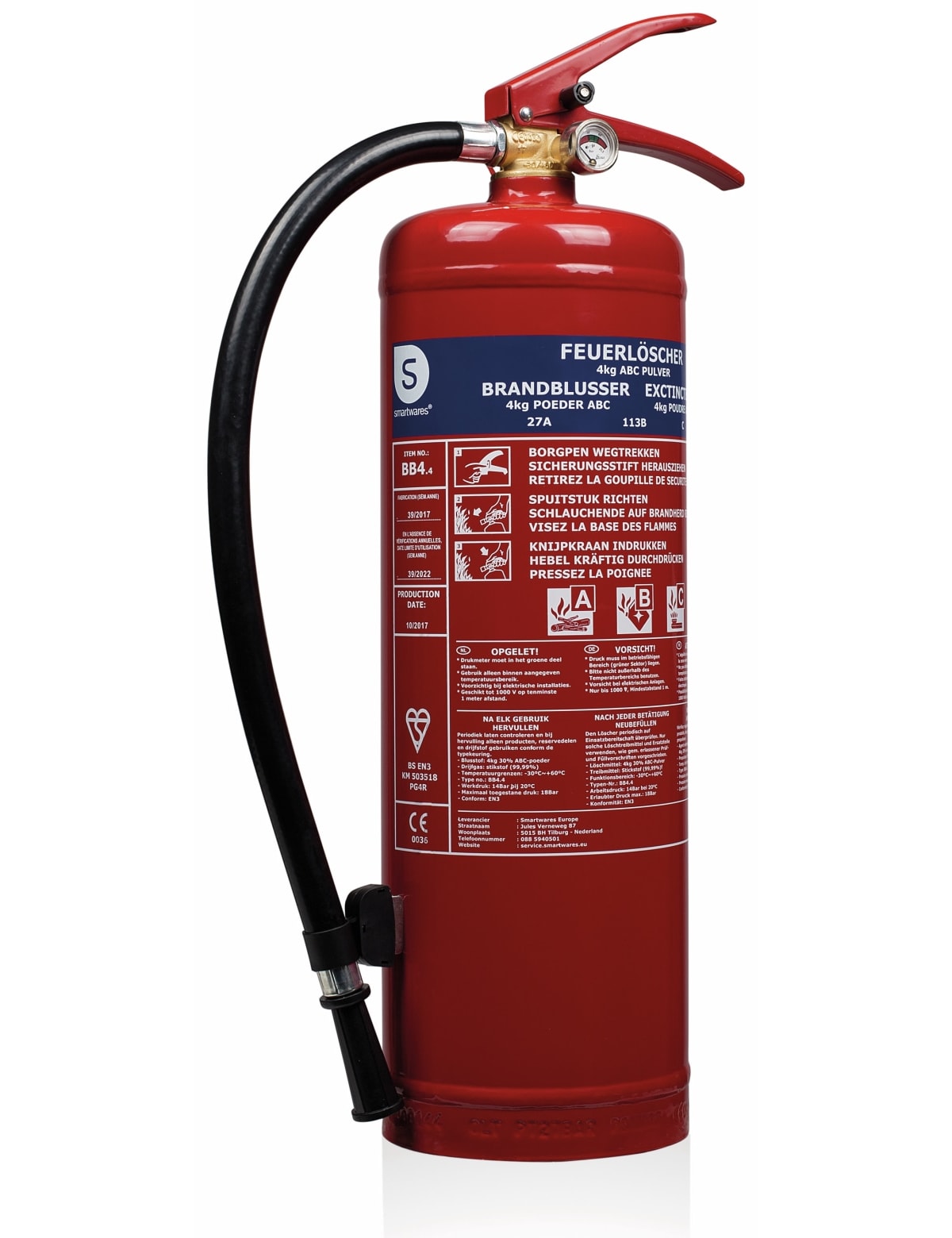 SMARTWARES Feuerlöscher, Pulver, 4 kg, Brandklasse 27A, 113B,C SMARTWARES Feuerlöscher, Pulver, 4 kg, Brandklasse 27A, 113B,C