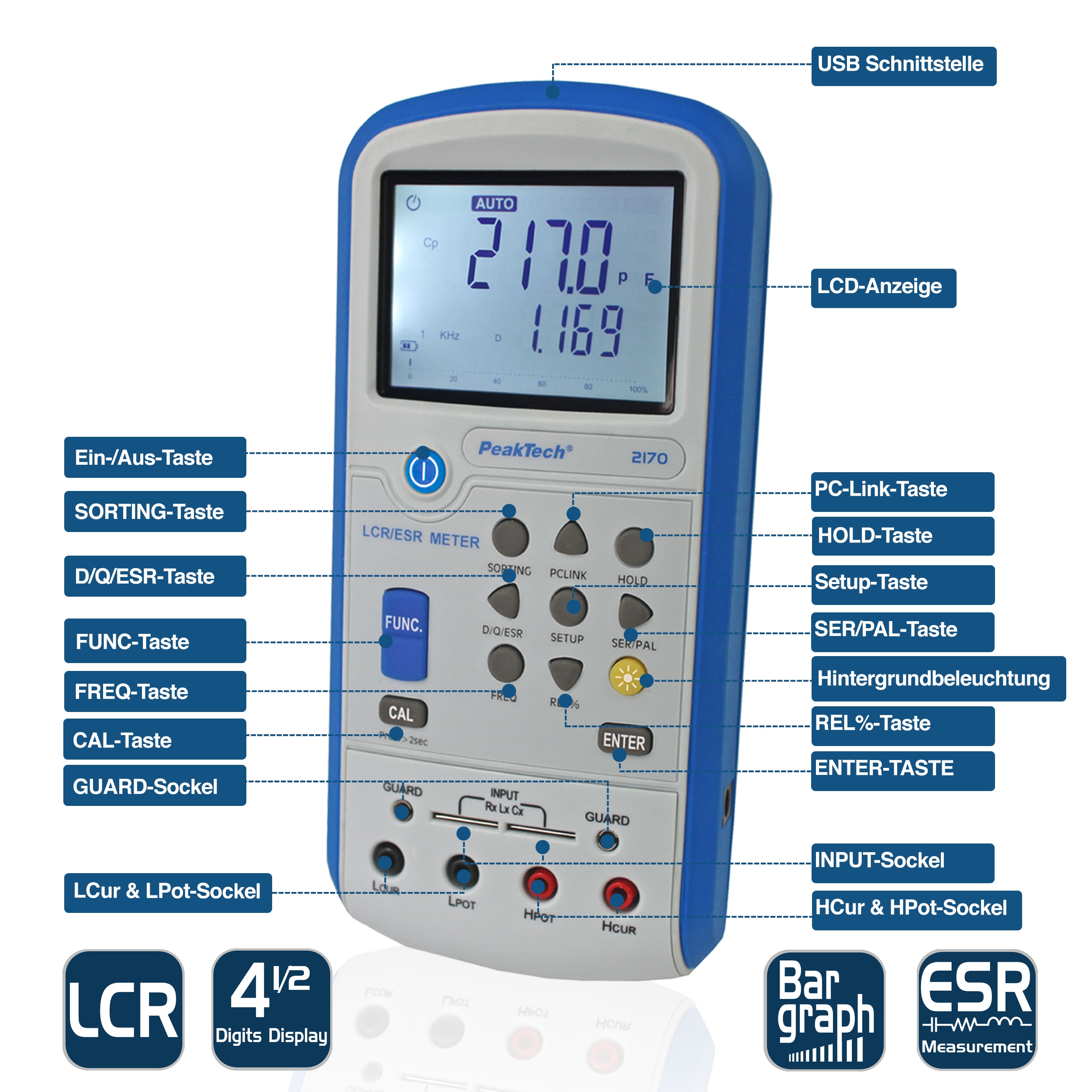 PEAKTECH LCR-/ESR Meter, P 2170, 100 Hz - 100 kHz, mit USB PEAKTECH LCR-/ESR Meter, P 2170, 100 Hz - 100 kHz, mit USB