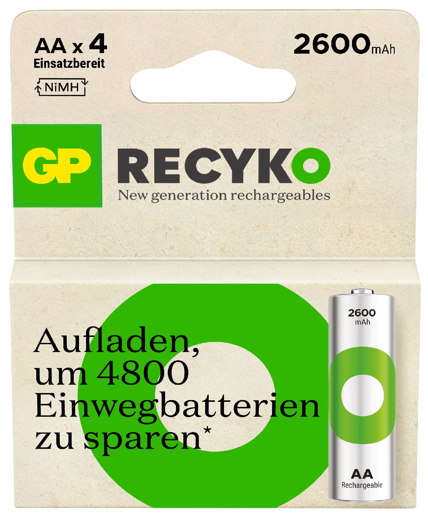 GP ReCyKO NiMH Akku Mignon, AA, HR06 1,2V/2600mAh, 4 Stück GP ReCyKO NiMH Akku Mignon, AA, HR06 1,2V/2600mAh, 4 Stück