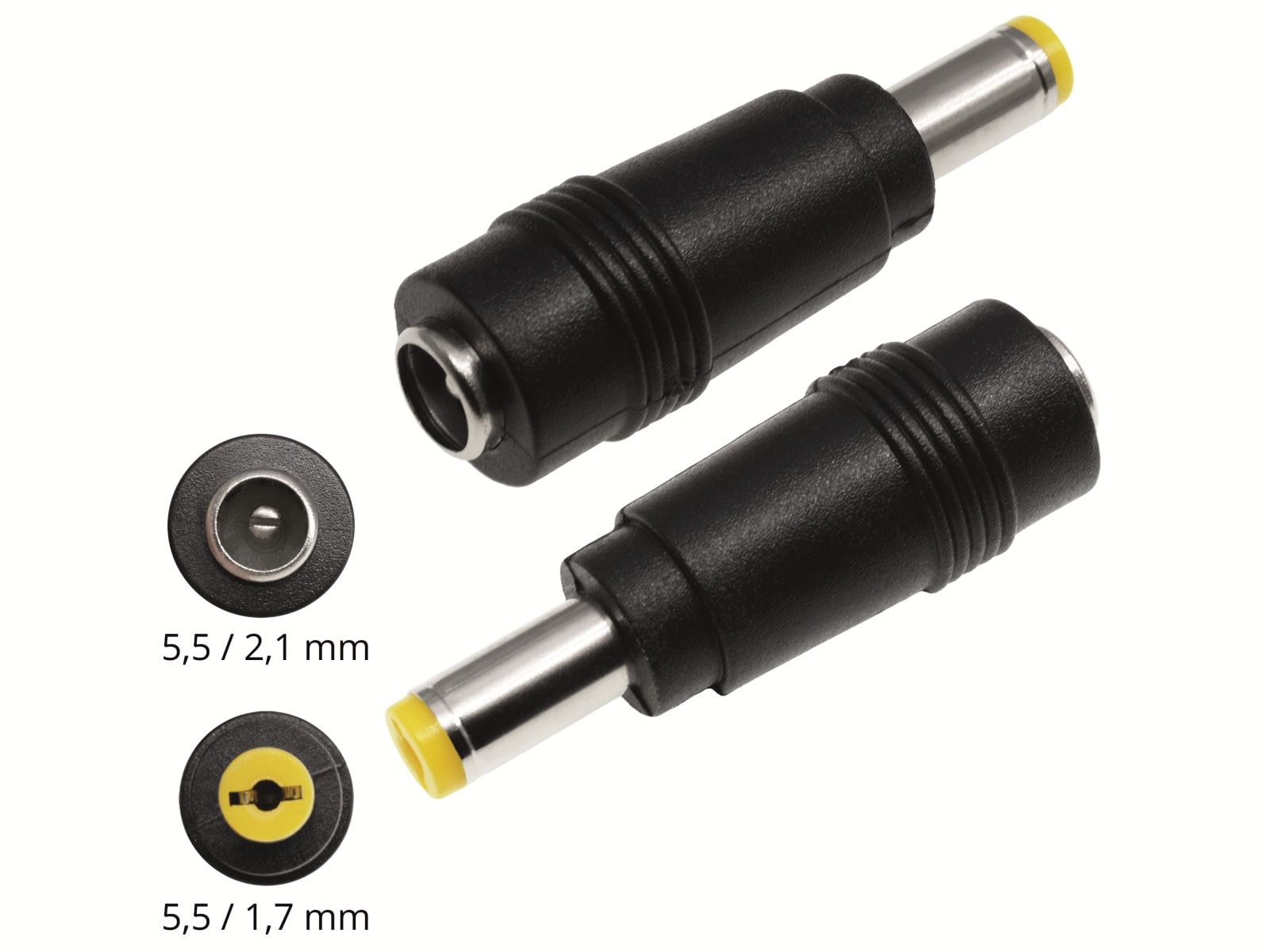 Hohlsteckeradapter, 5,5/2,1 Hohlkupplung auf 5,5/1,7 Hohlstecker mit Feder Hohlsteckeradapter, 5,5/2,1 Hohlkupplung auf 5,5/1,7 Hohlstecker mit Feder