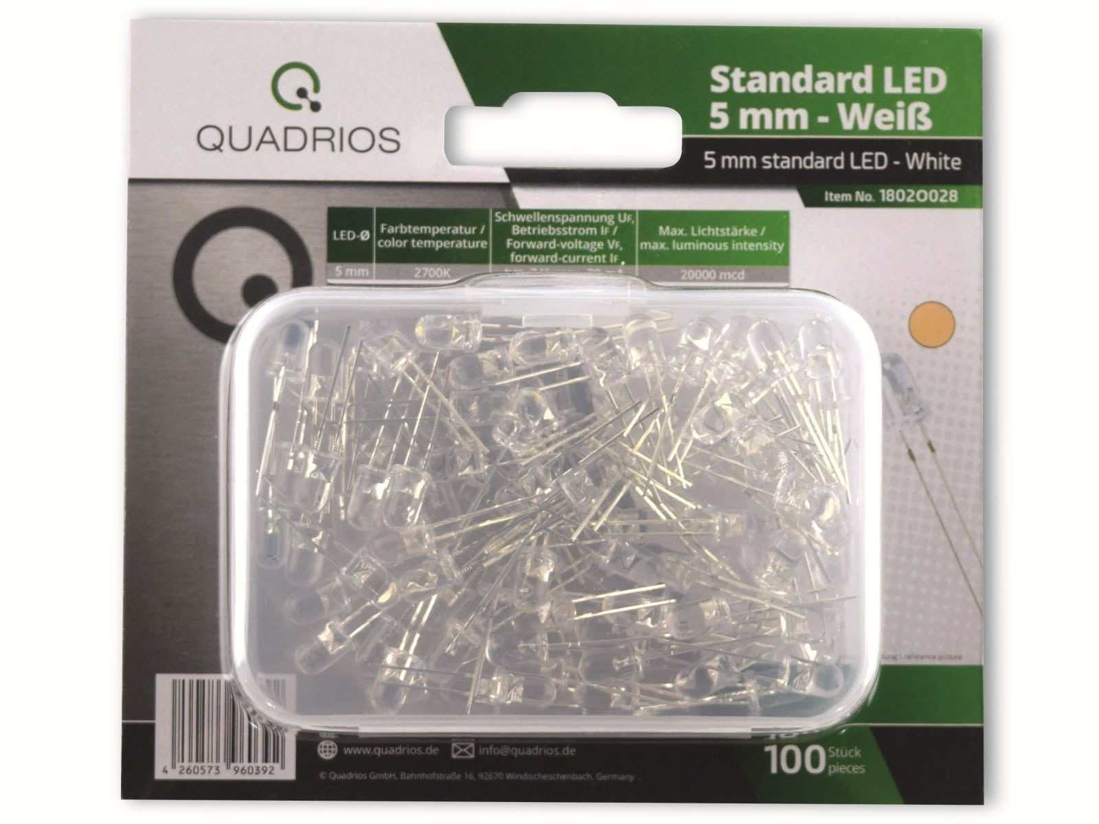 QUADRIOS LED Sortiment 1802O028, 5 mm, warmweiß, 100 Stück QUADRIOS, 1802O028, LED Sortiment 5 mm Leuchtdioden Warmweiss (20000 mcd) 100 tlg