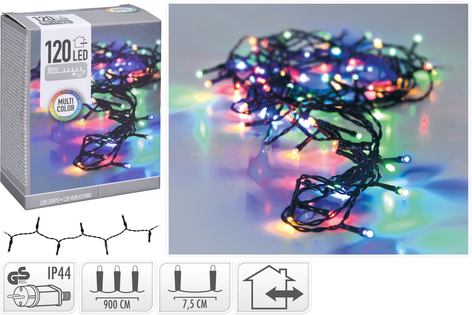 LED-Lichterkette bunt, 120 LEDs, Grünes Kabel, Innen/Außen, 12m KOOPMAN LED-Lichterkette bunt, 120 LEDs, Grünes Kabel, Innen/Außen, 12m