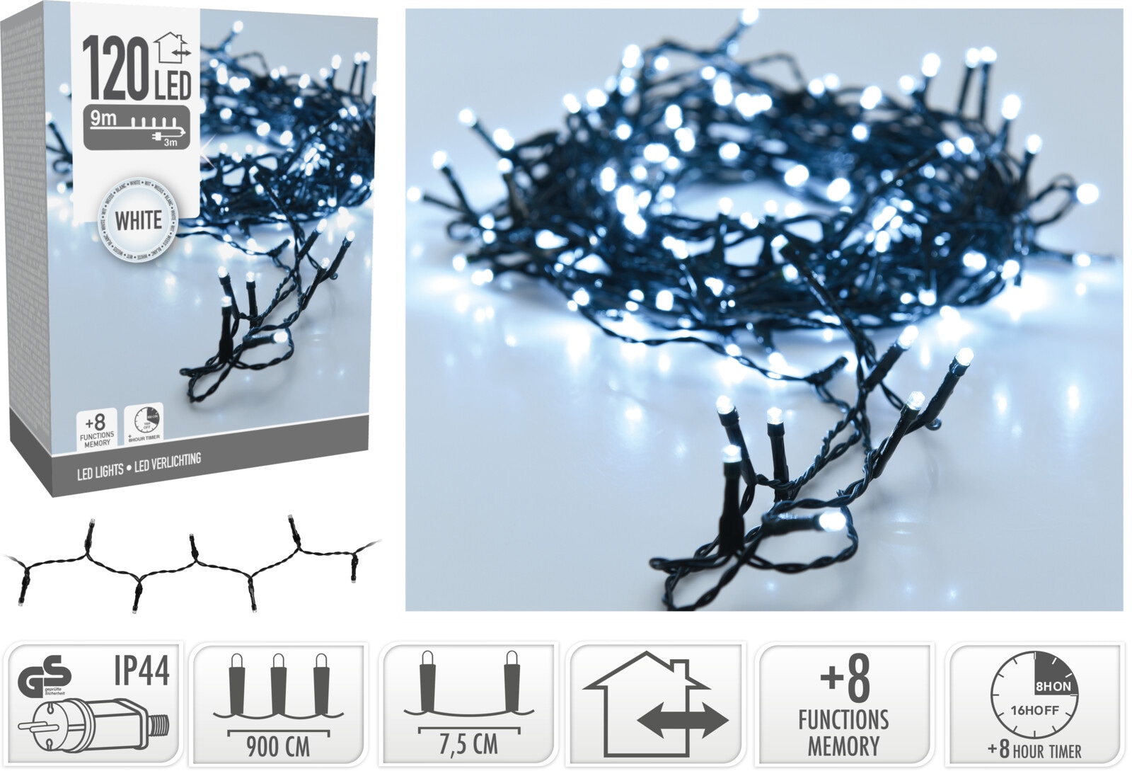 LED-Lichterkette kaltweiß, 120 LEDs, Innen/Außen, 12m KOOPMAN LED-Lichterkette kaltweiß, 120 LEDs, Grünes Kabel, Innen/Außen, 12m